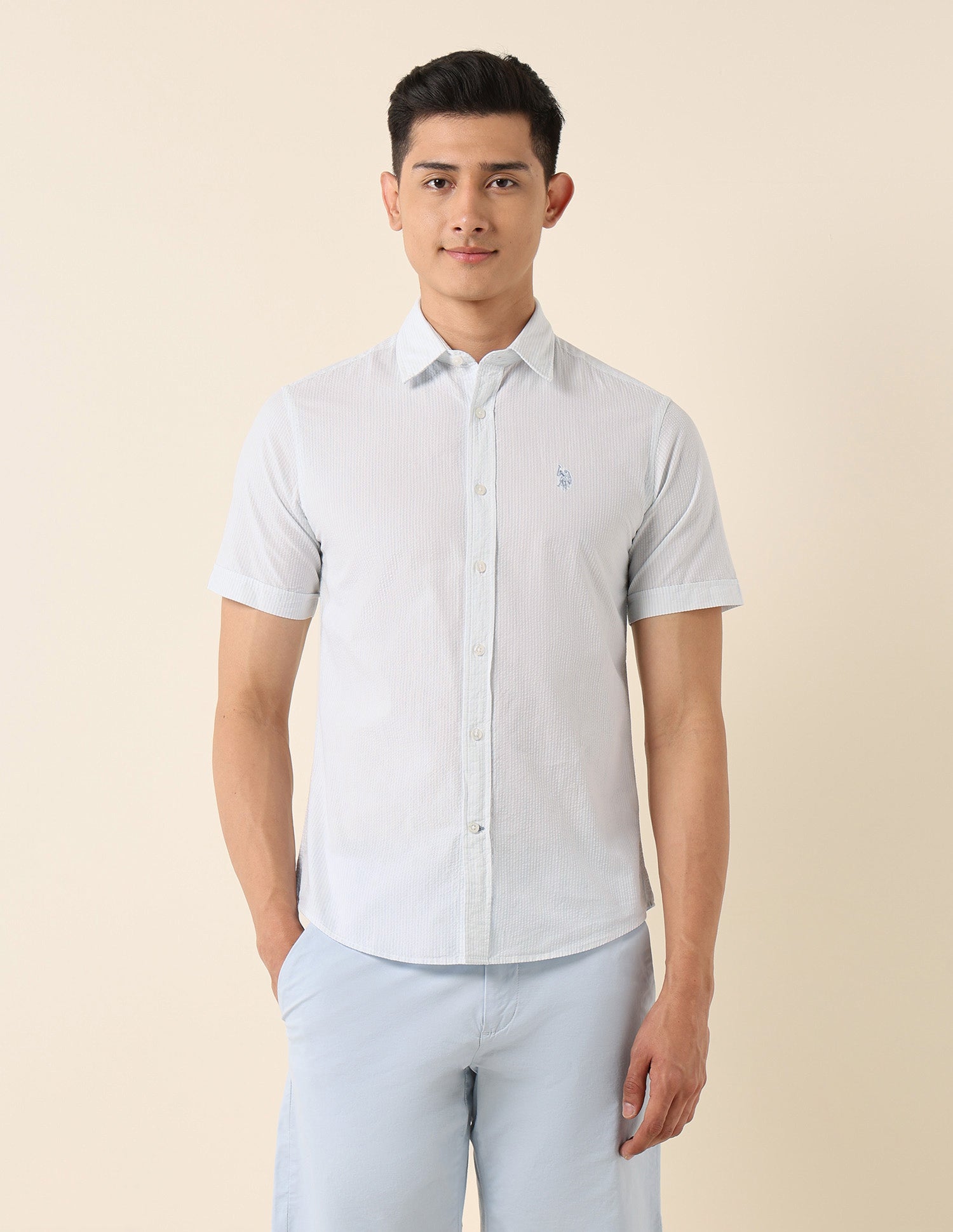 Vertical Striped Pure Cotton Shirt Light Blue - U.S. Polo Assn. India | Large