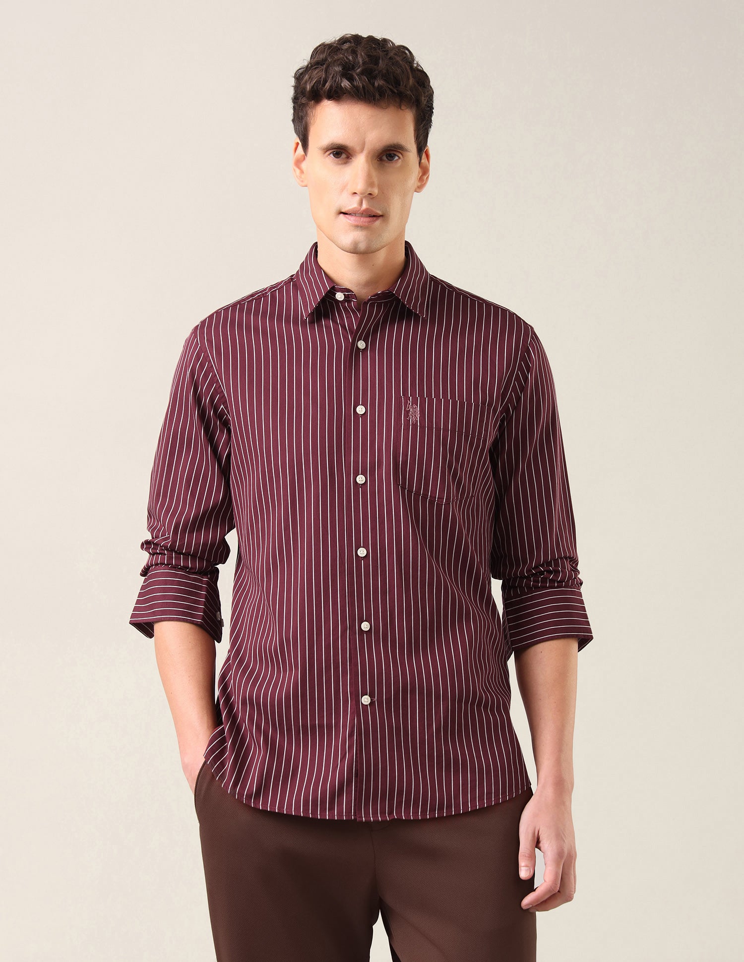 Vertical Striped Tailored Fit Shirt Maroon - U.S. Polo Assn. India | Large