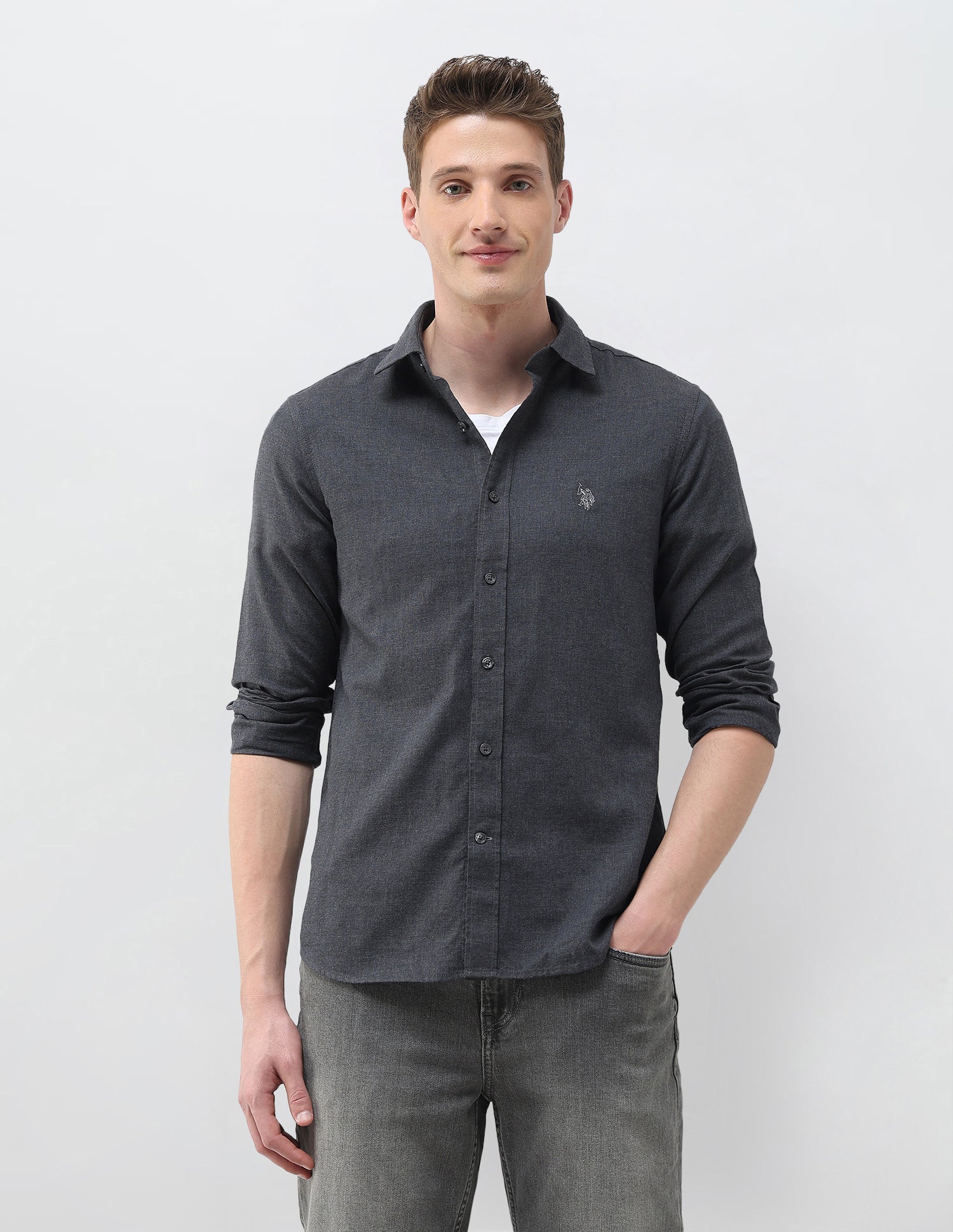 Heathered Tailored Fit Shirt Dark Grey - U.S. Polo Assn. India | Large