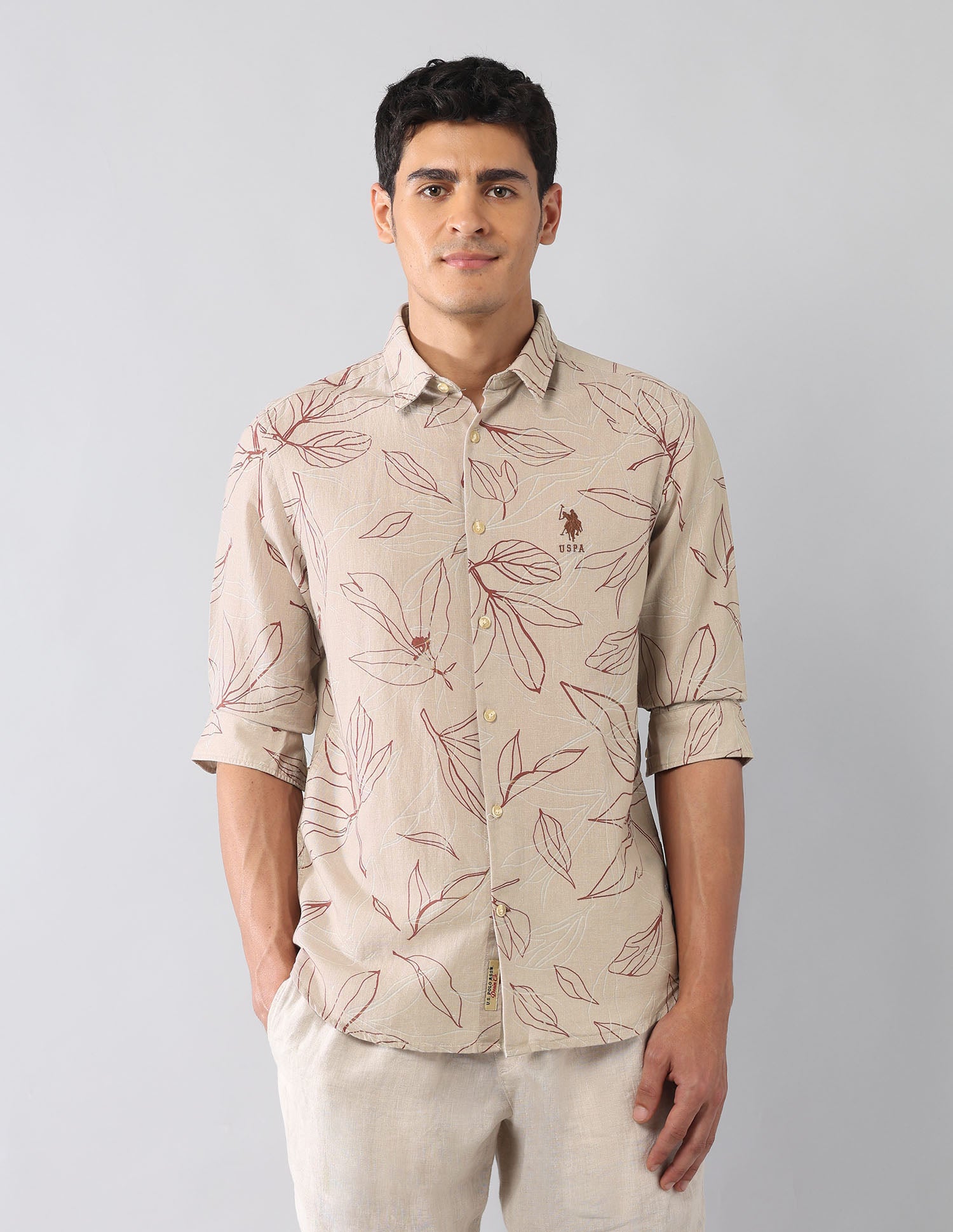 Tropical Printed Poplin Regular Fit Shirt Khaki - U.S. Polo Assn. India | Large