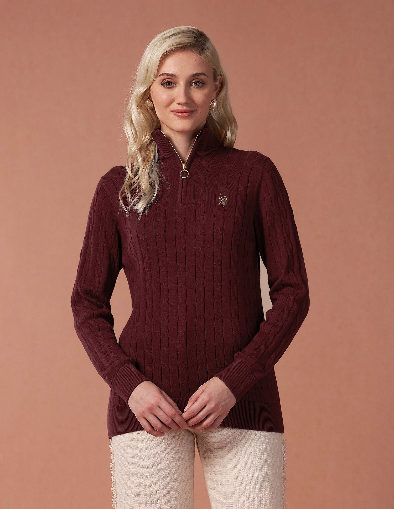 High Neck Cable Knit Sweater Wine - U.S. Polo Assn. India | Large