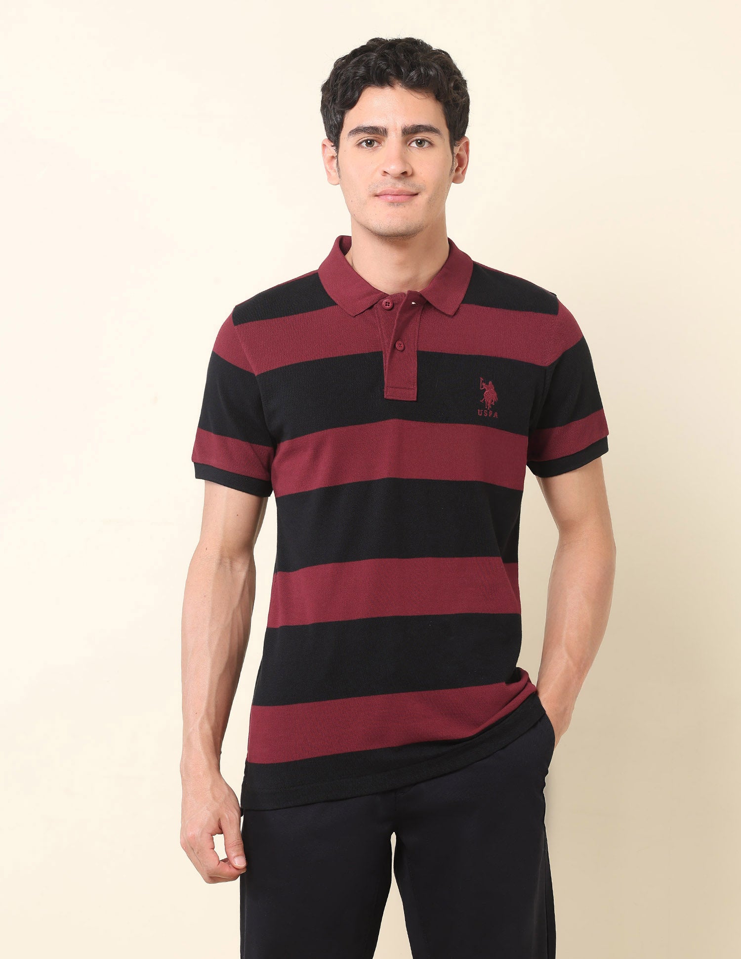 Horizontal Striped Classic Polo Shirt Wine - U.S. Polo Assn. India | Large