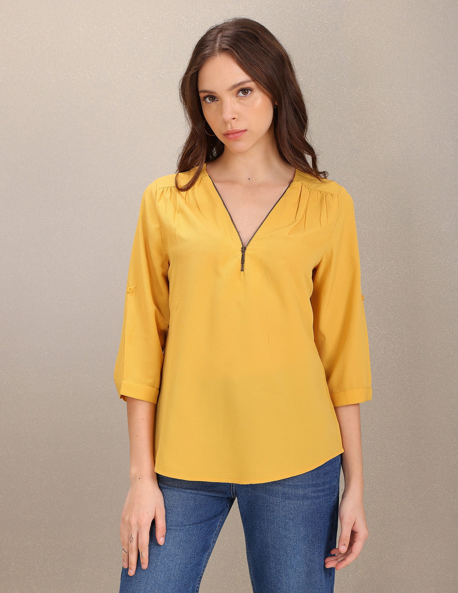Three Quarter Sleeve Solid Top Yellow - U.S. POLO ASSN. | Large