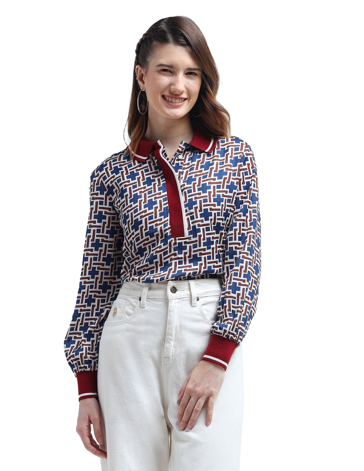 Polo Collar Geometric Printed Top Multicolour - U.S. Polo Assn. India | Large