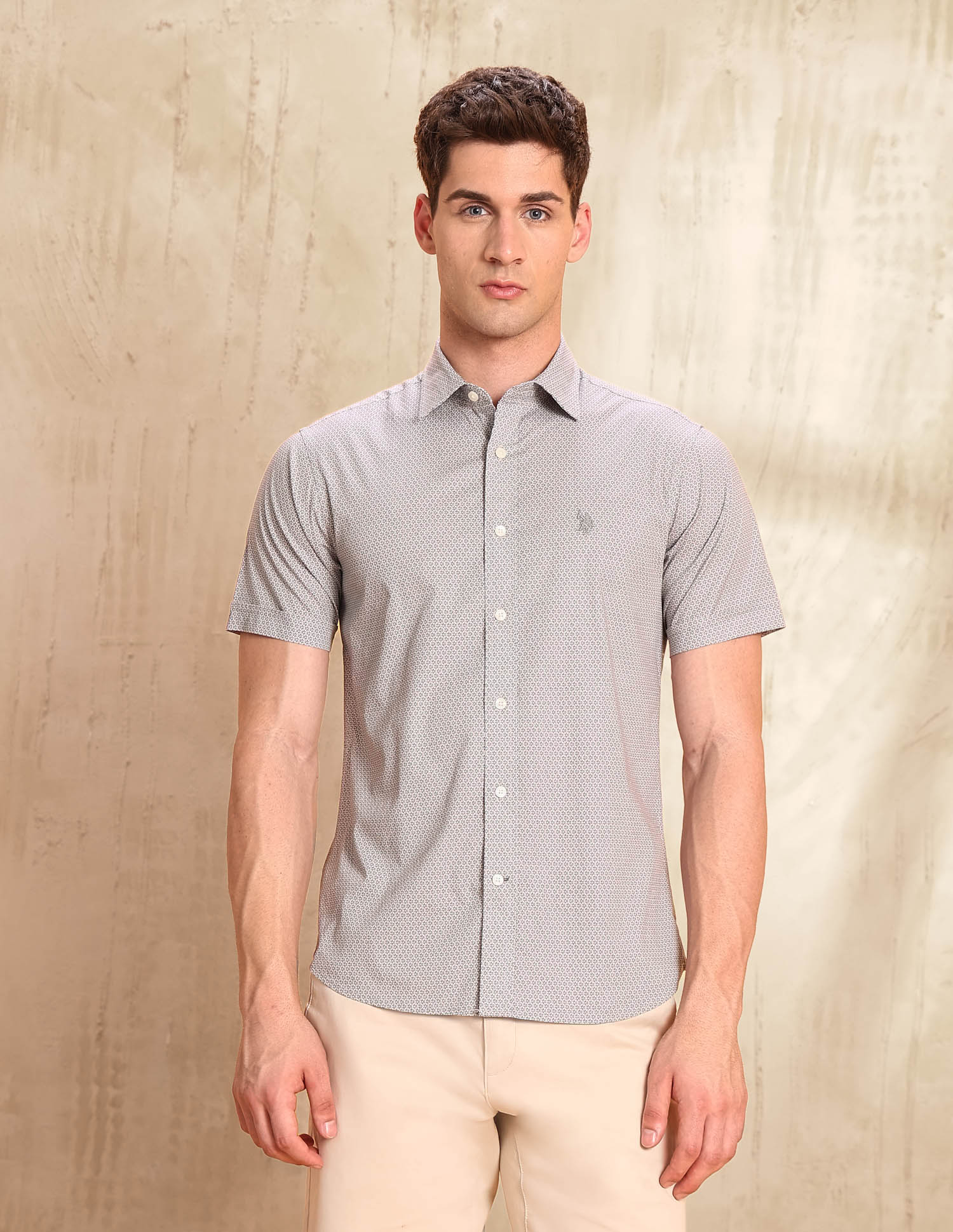 Floral Printed Tailored Fit Shirt Light Khaki - U.S. POLO ASSN. | Large