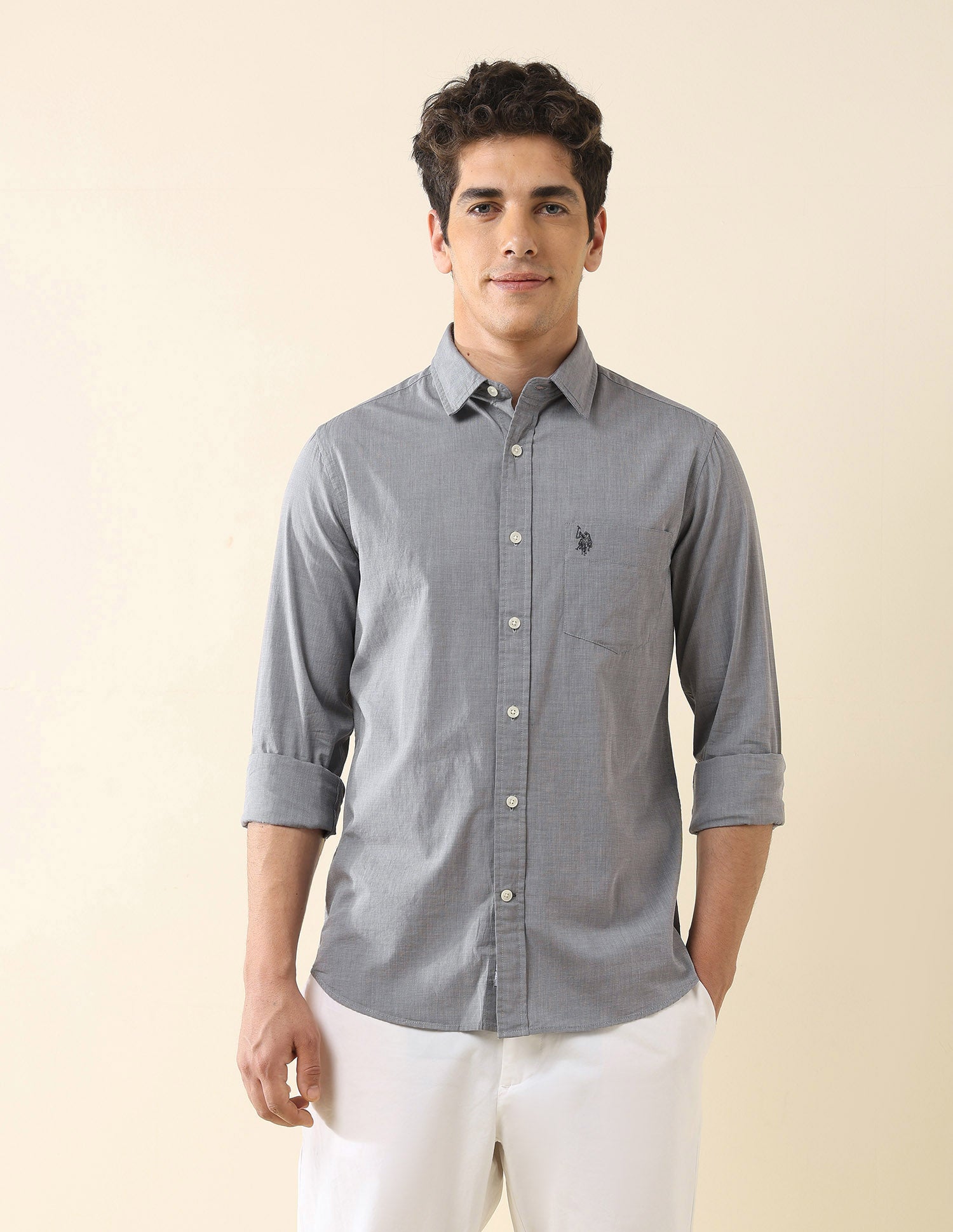 Solid Tailored Fit Fil-À-Fil Shirt Grey - U.S. POLO ASSN. | Large