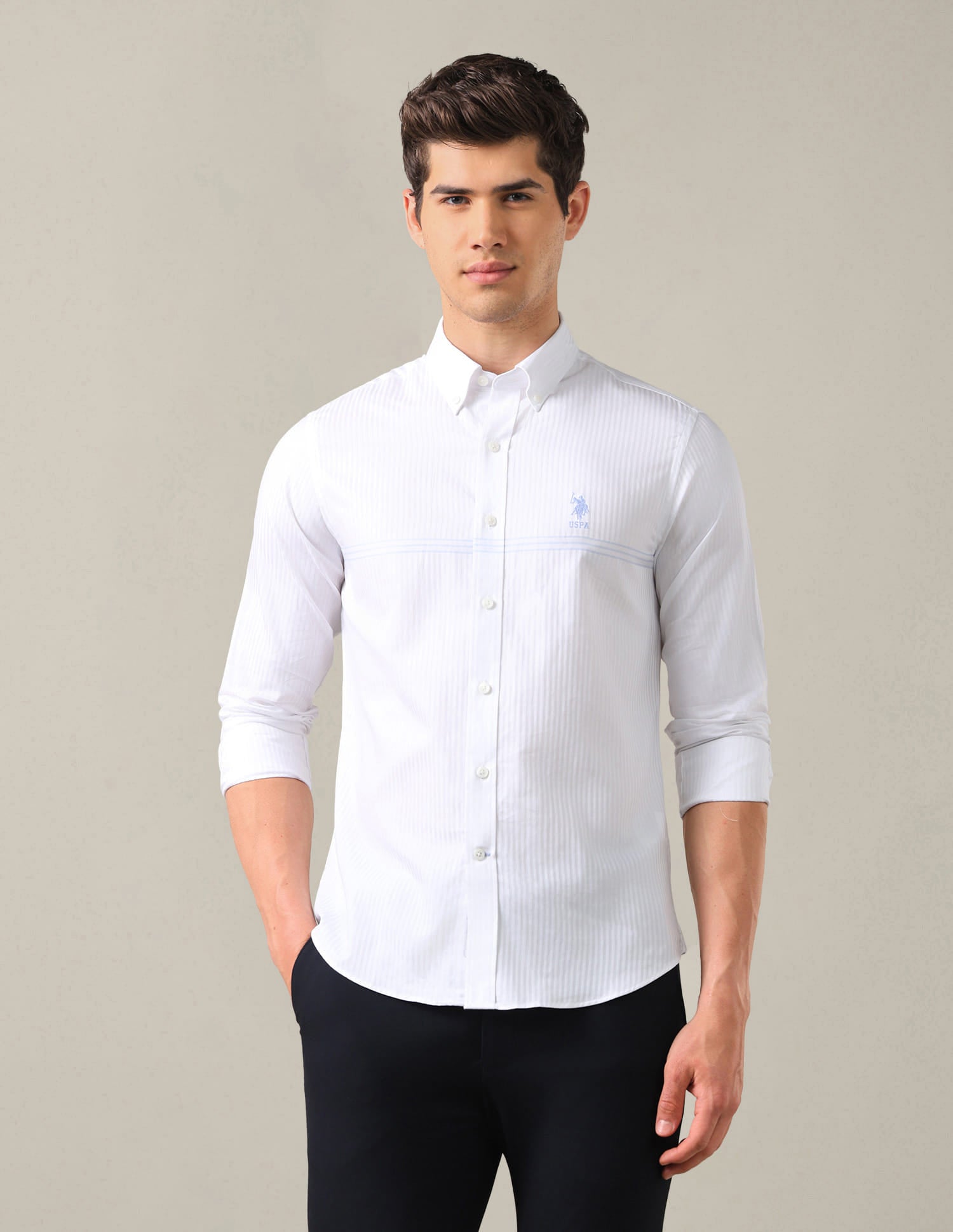 Tailored Fit Satin Button Down Shirt White - U.S. Polo Assn. India | Large