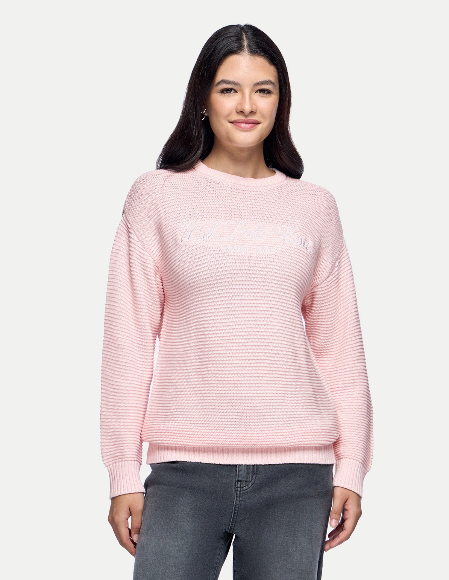 Brand Embroidered Boxy Fit Sweater Light Pink - U.S. Polo Assn. India | Large