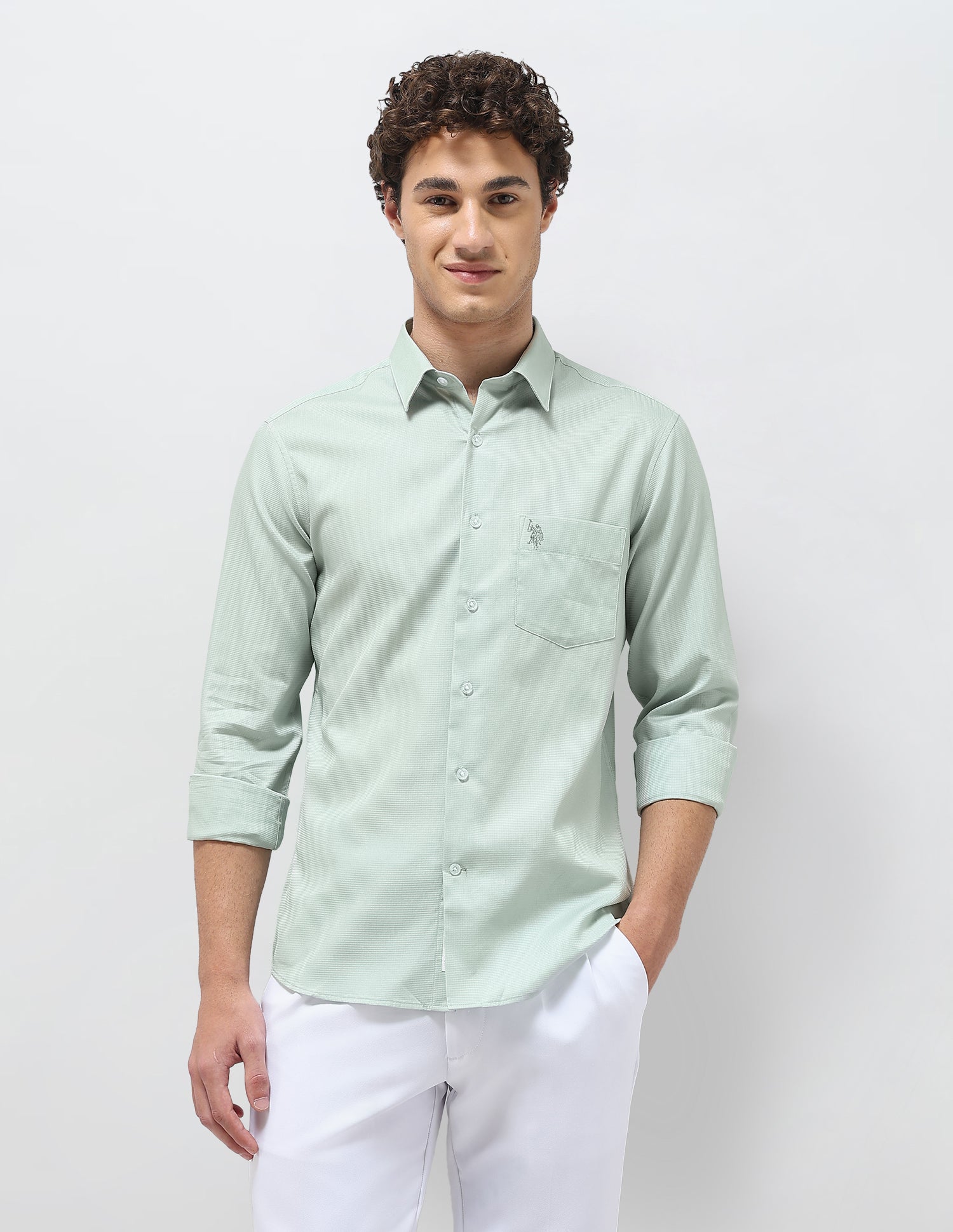 Textured Regular Fit Shirt Light Green - U.S. Polo Assn. India | Large