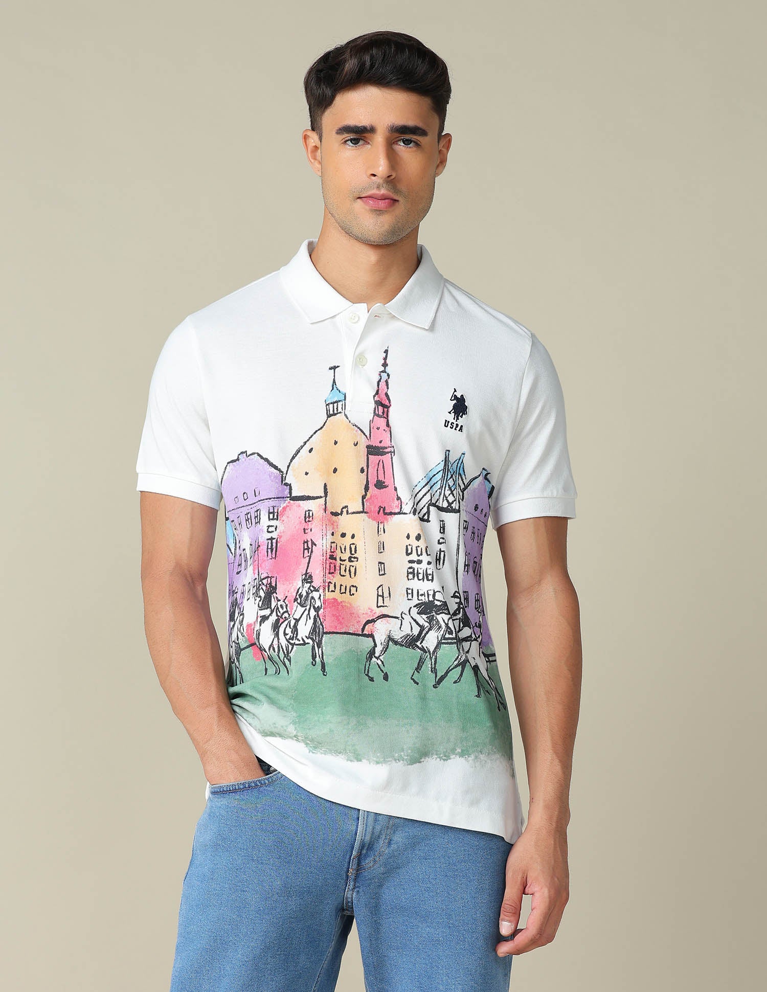 Muscle Fit Graphic Printed Polo Shirt Ivory - U.S. POLO ASSN. | Large