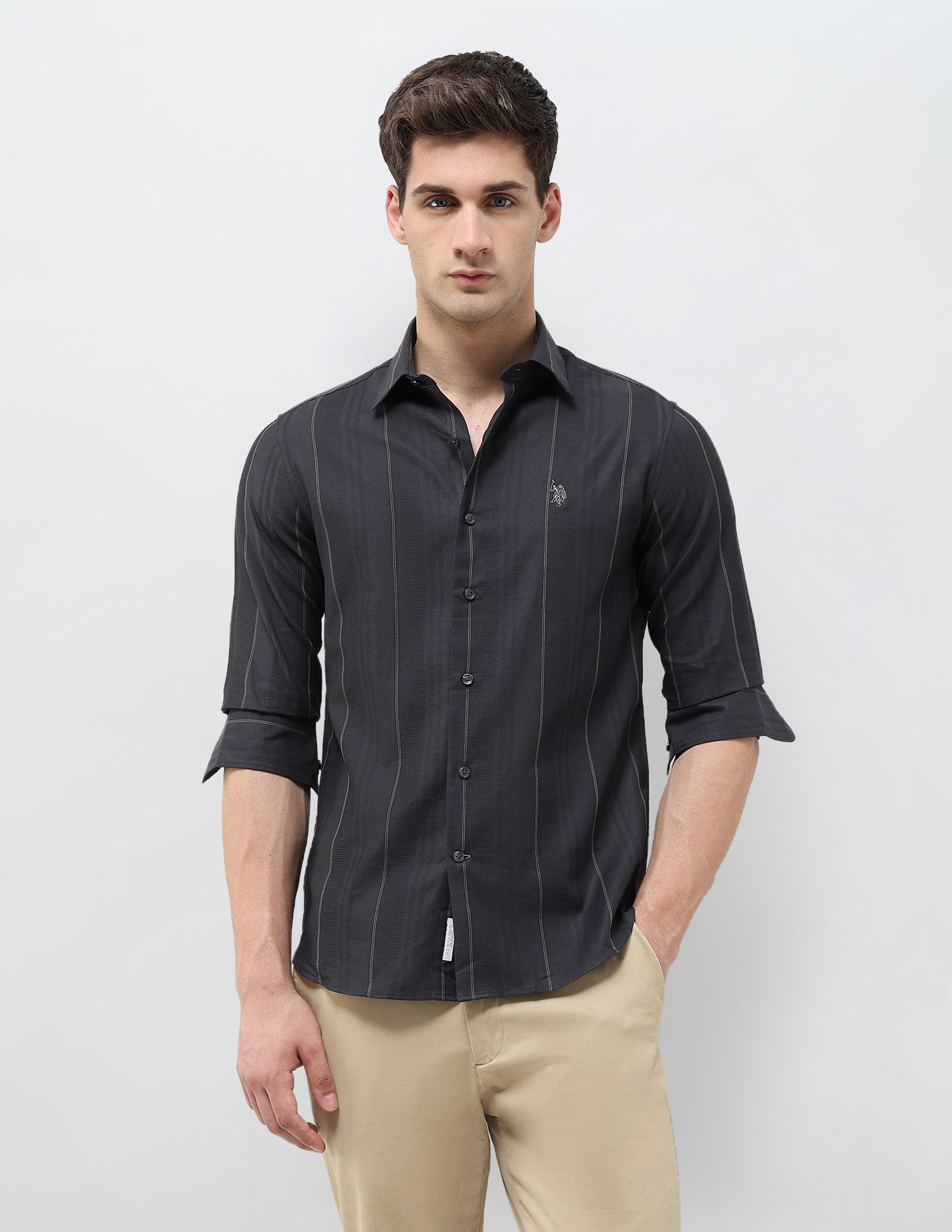 Textured With Vertical Striped Dobby Shirt Dark Grey - U.S. POLO ASSN. | Large