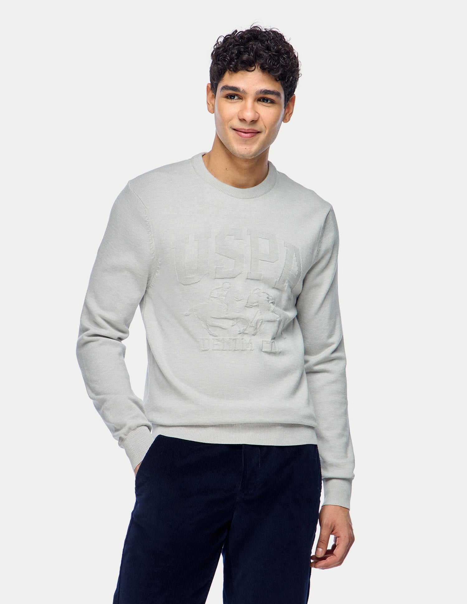 Brand Embossed Regular Fit Sweater Light Grey - U.S. Polo Assn. India | Large
