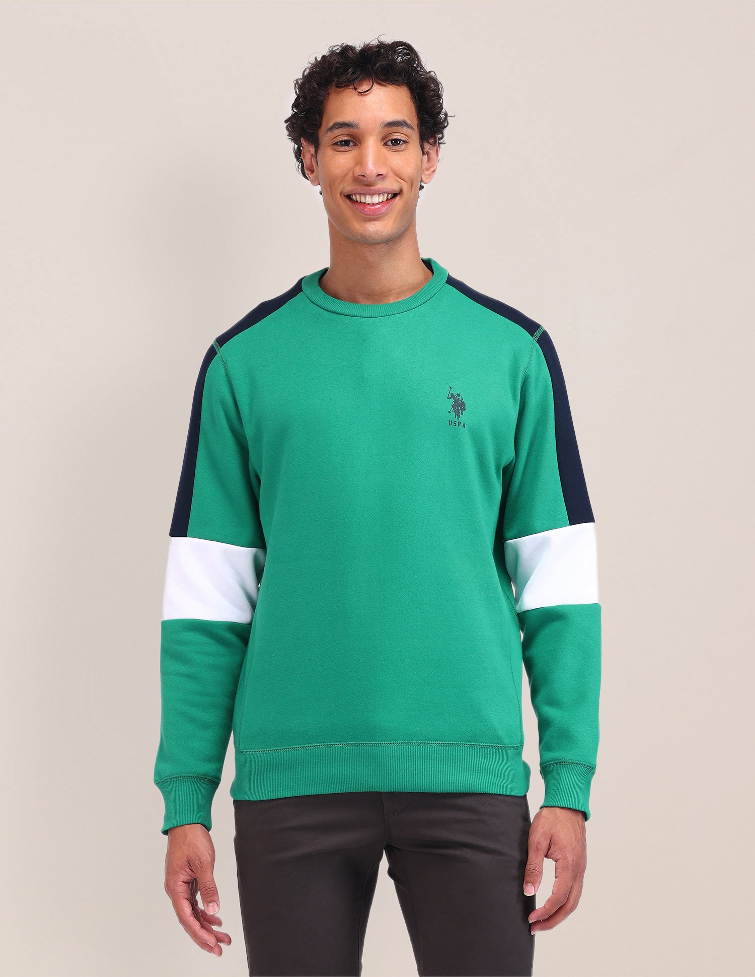 Colour Blocked Regular Fit Sweatshirt Green - U.S. Polo Assn. India | Large