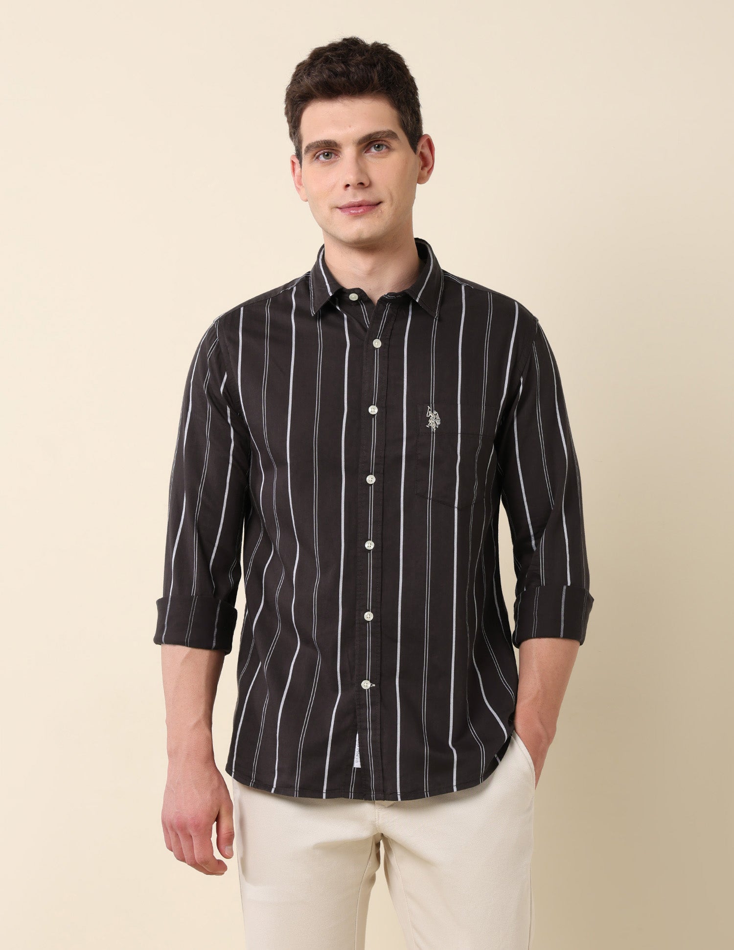 Vertical Striped Pure Cotton Shirt Brown - U.S. Polo Assn. India | Large