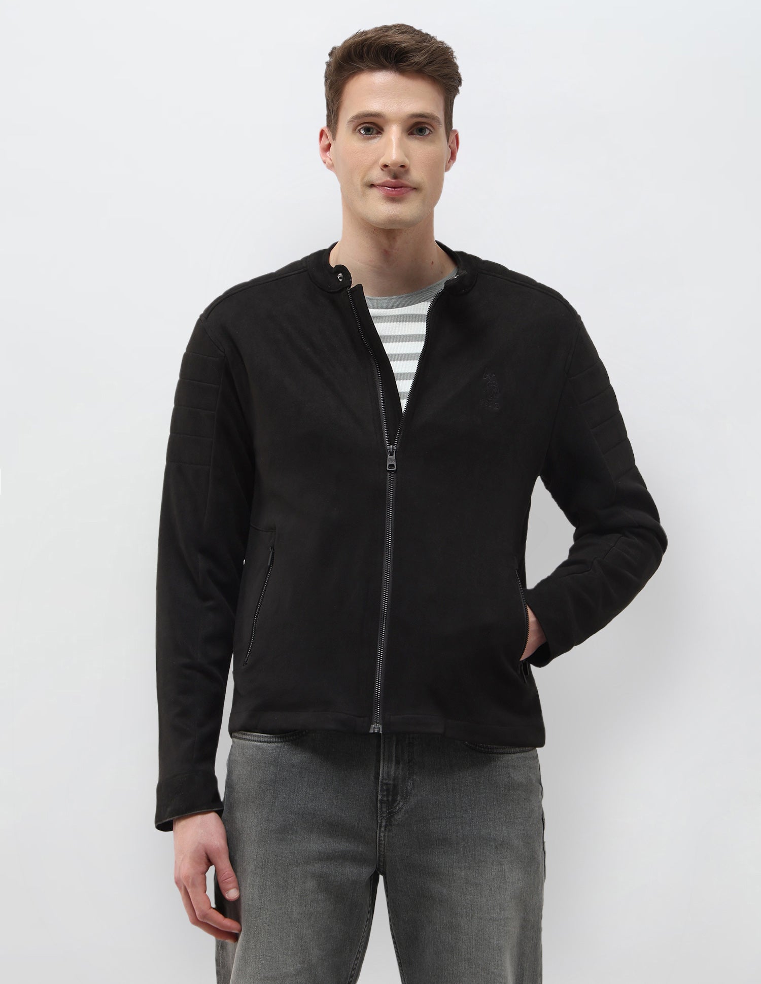 Solid Regular Fit Biker Jacket Black - U.S. Polo Assn. India | Large