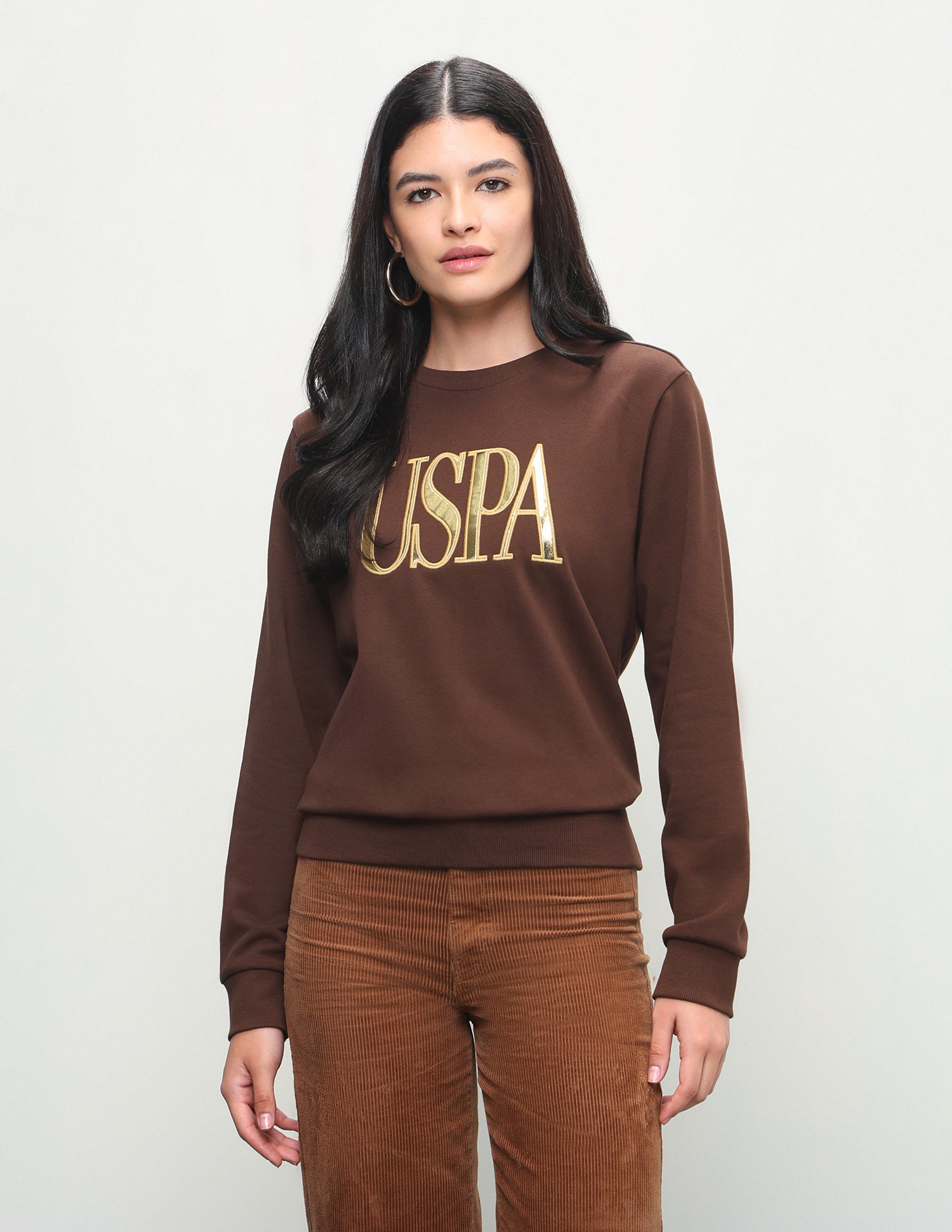 Metallic Brand Embossed Regular Fit Sweatshirt Brown - U.S. Polo Assn. India | Large