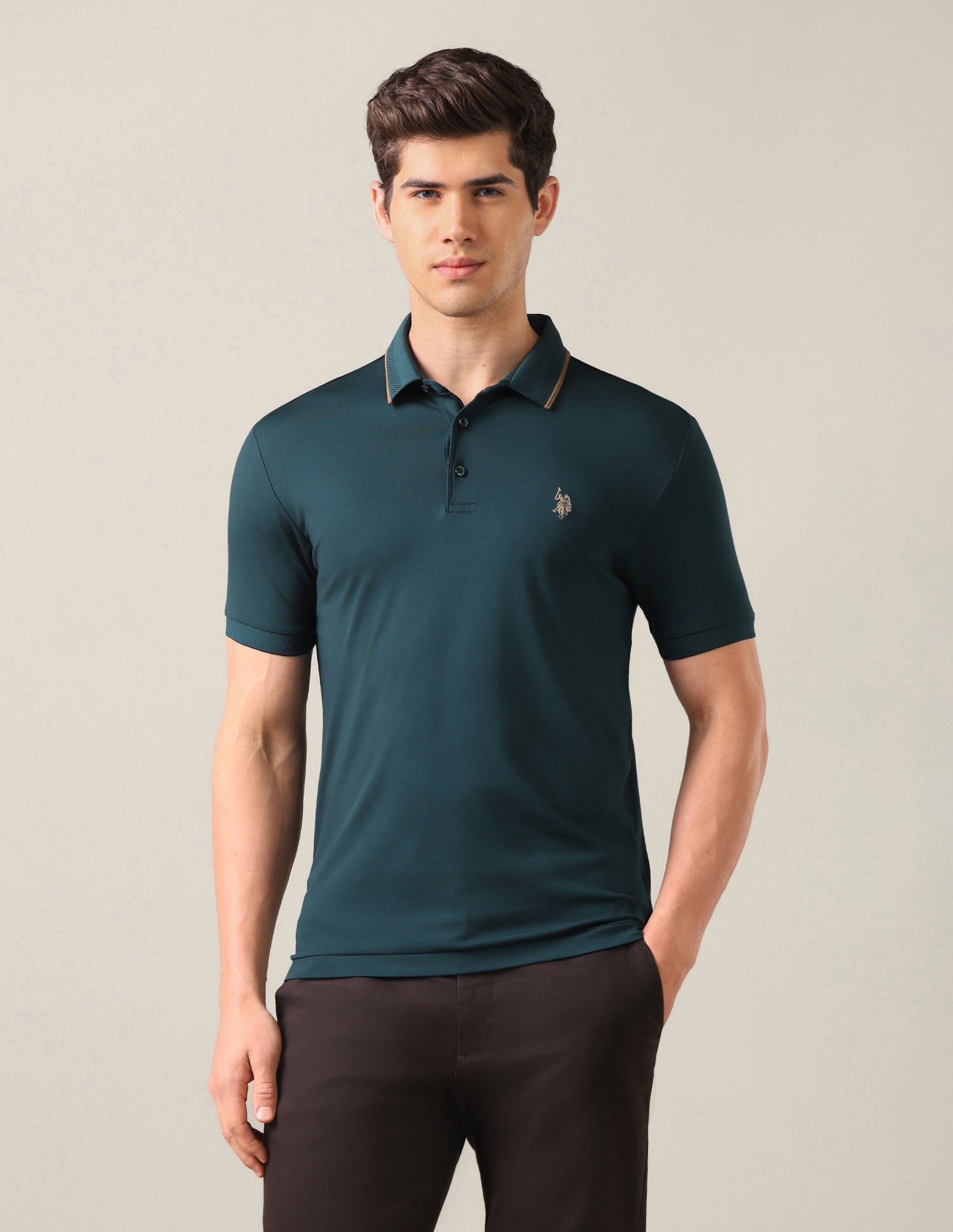 Solid Slim Fit Polo Shirt Dark Green - U.S. Polo Assn. India | Large