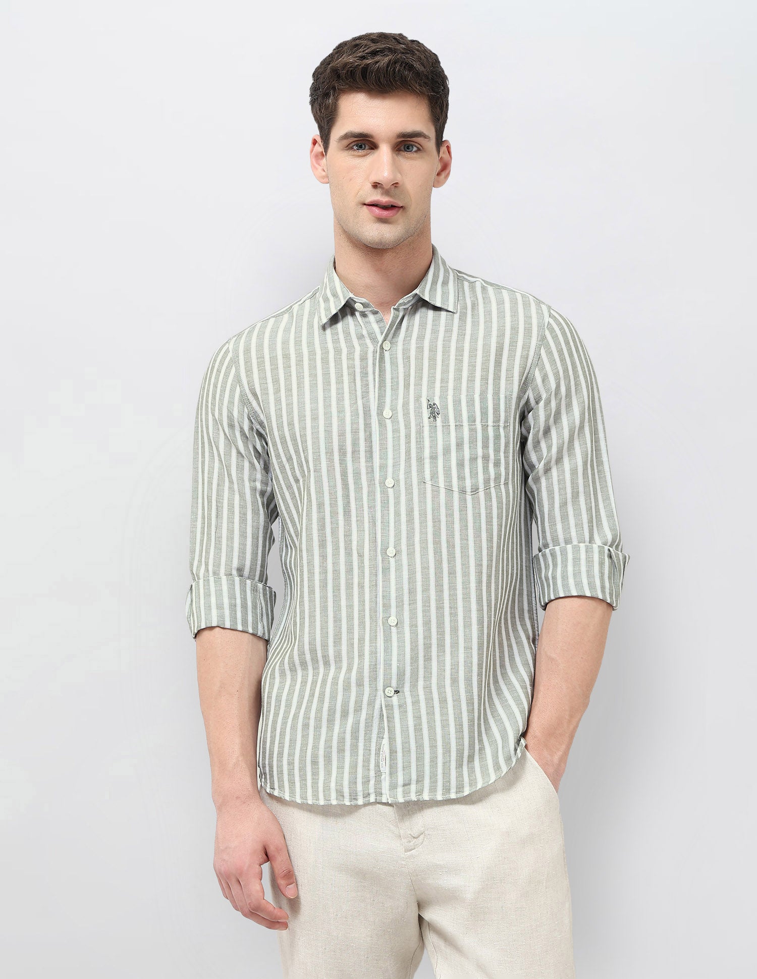 Vertical Striped Tailored Fit Shirt Light Green - U.S. POLO ASSN. | Large