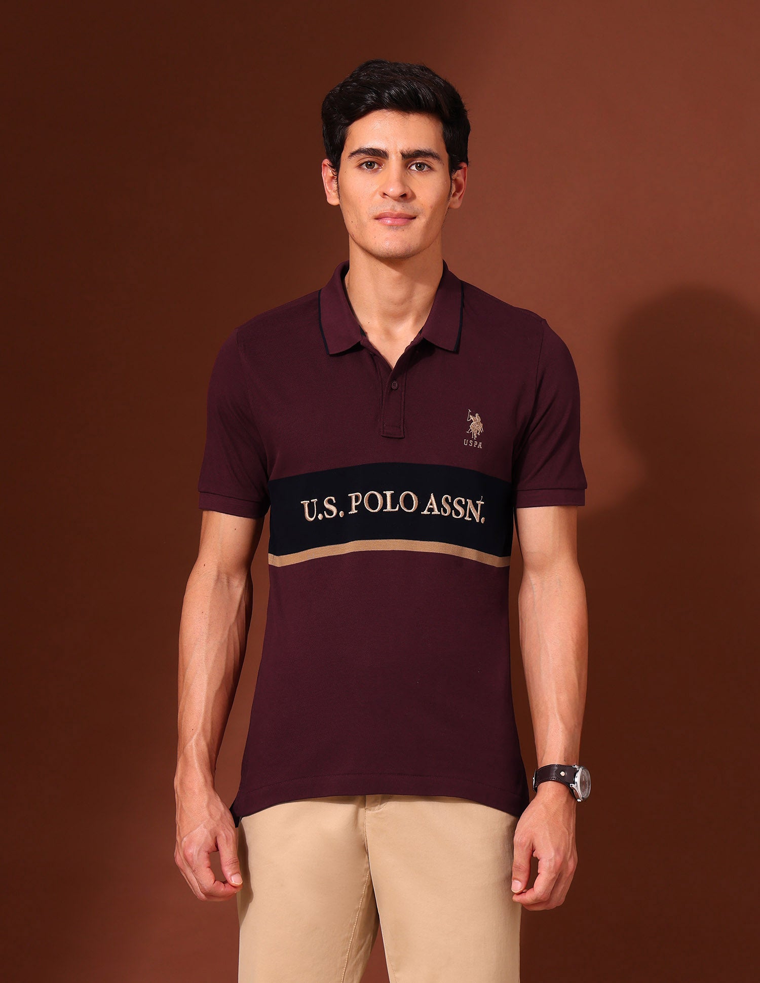 Brand Embroidered Pure Cotton Varsity Polo Shirt Maroon - U.S. Polo Assn. India | Large