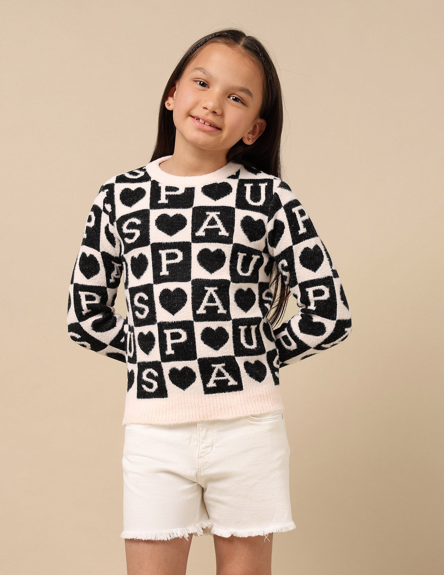 Girls Patterned Knit Sweatshirt Pink and Black - U.S. POLO ASSN. | Large