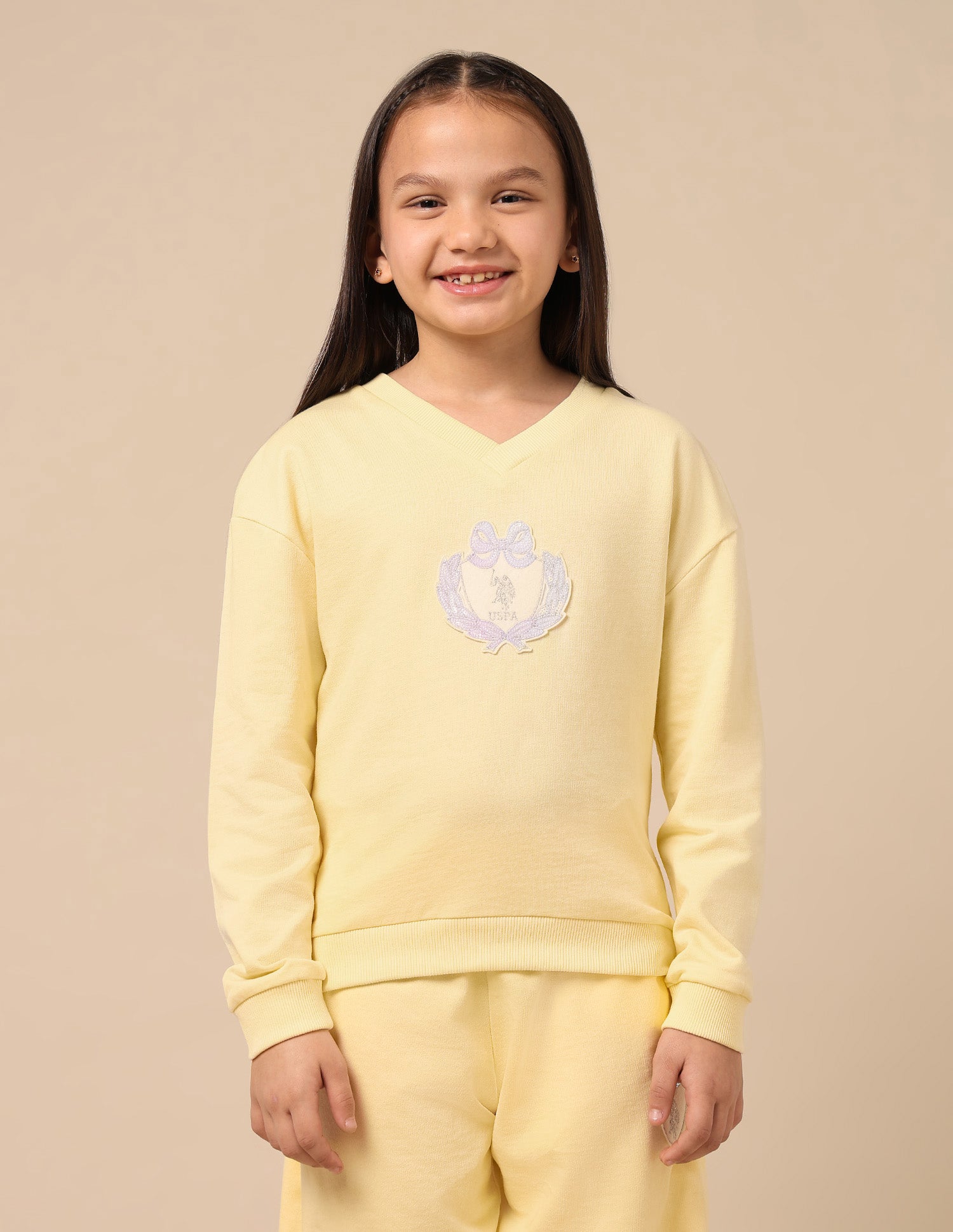 Girls Solid Comfort Fit Sweatshirt Light Yellow - U.S. POLO ASSN. | Large