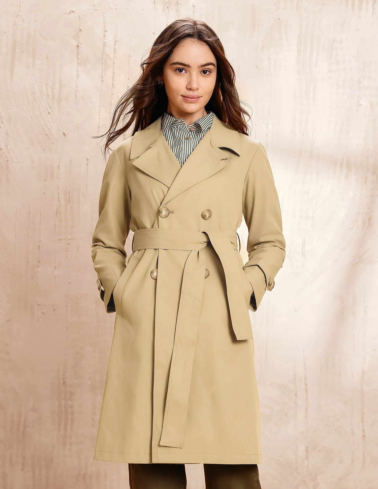 Solid Double Breasted Notch Lapel Trench Coat Beige - U.S. POLO ASSN. | Large