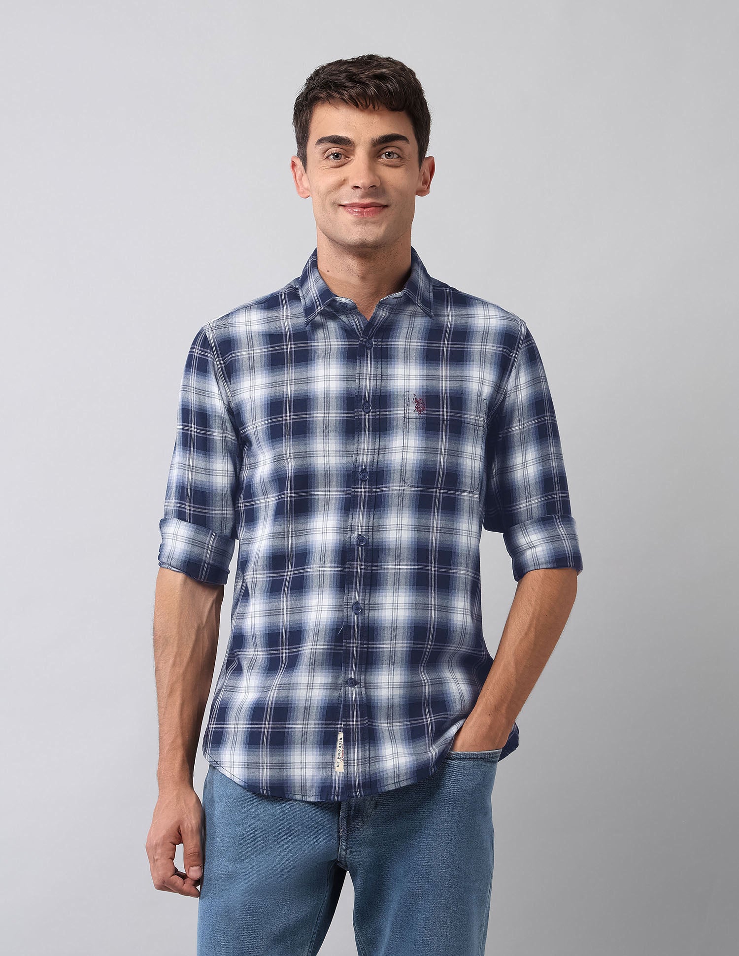 Pure Cotton Plaid Checked Shirt Navy - U.S. Polo Assn. India | Large