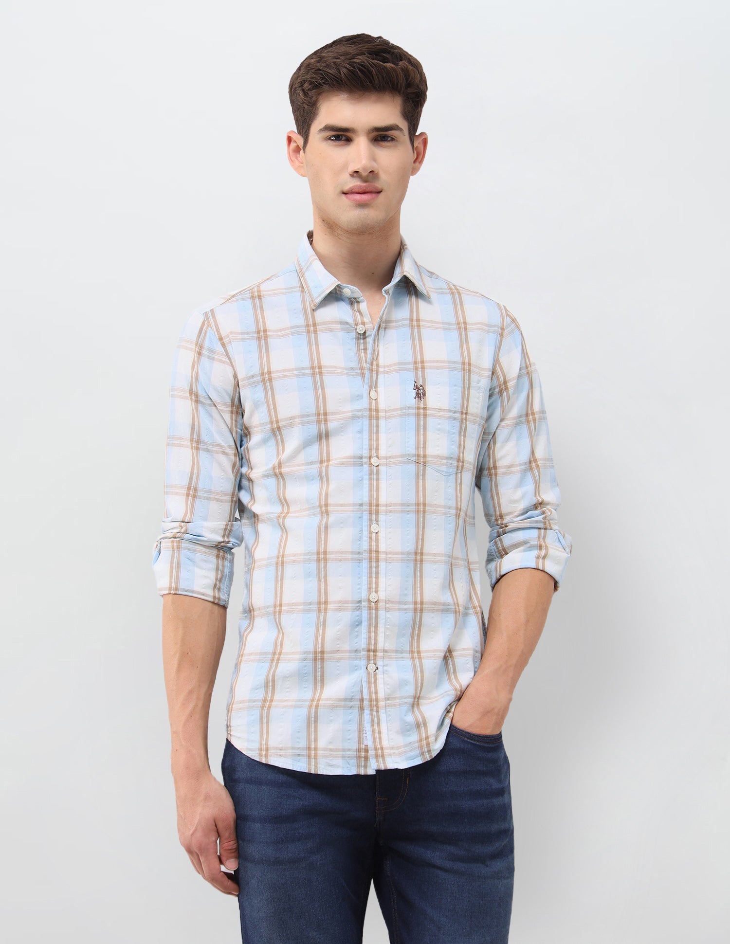 Tartan Checked Seersucker Shirt Light Brown - U.S. Polo Assn. India | Large