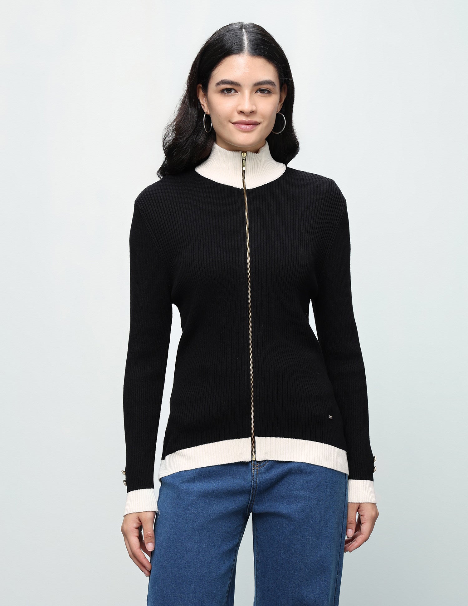Patterned Knit Zipper Cardigan Sweater Black - U.S. Polo Assn. India | Large