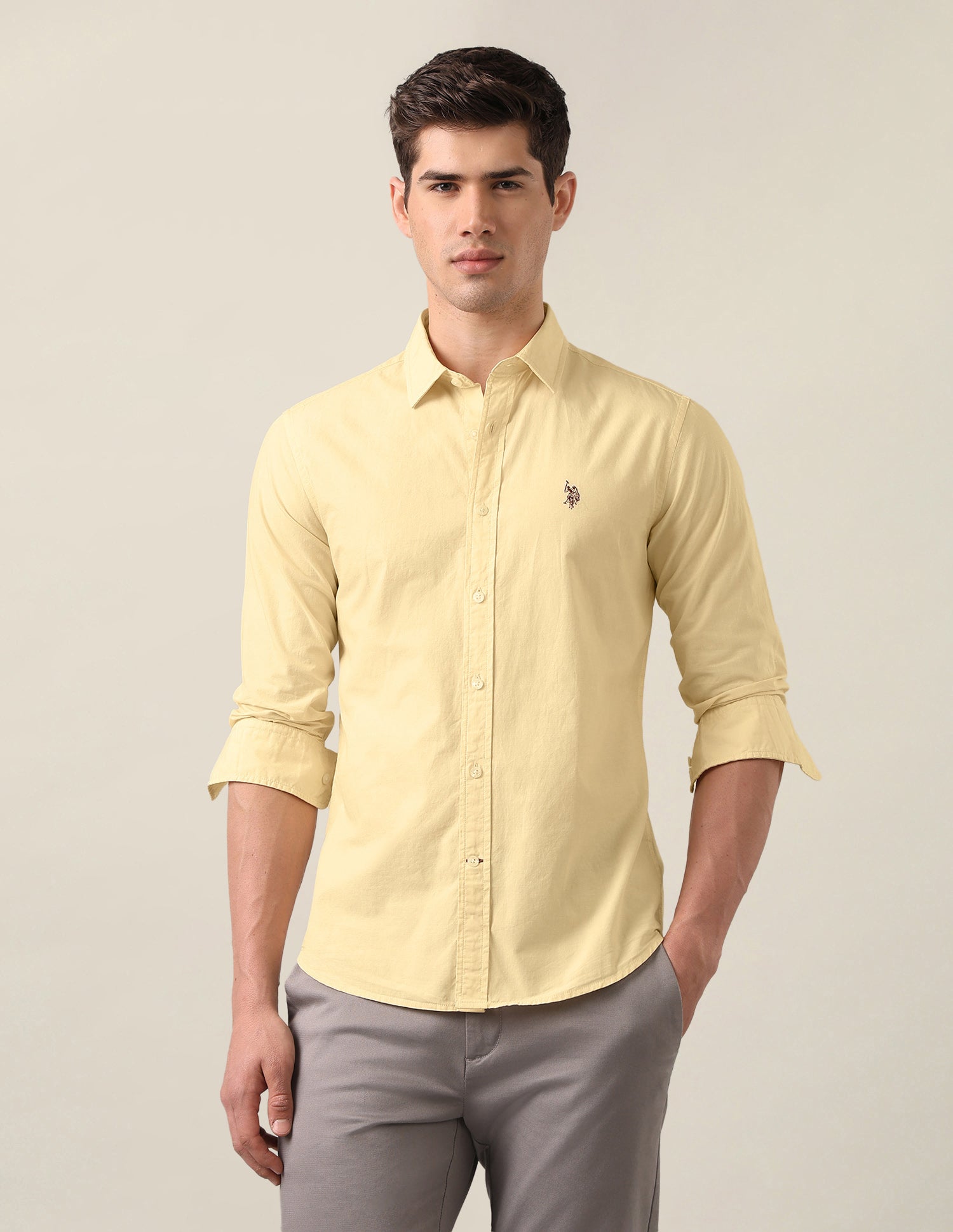 Tailored Fit Solid Shirt Light Yellow - U.S. Polo Assn. India | Large