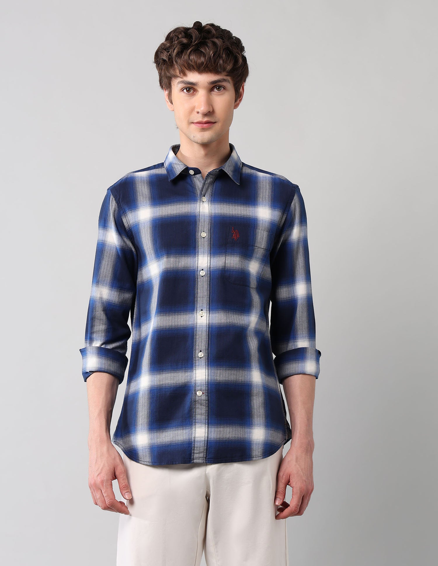 Windowpane Checked Pure Cotton Shirt Navy - U.S. Polo Assn. India | Large