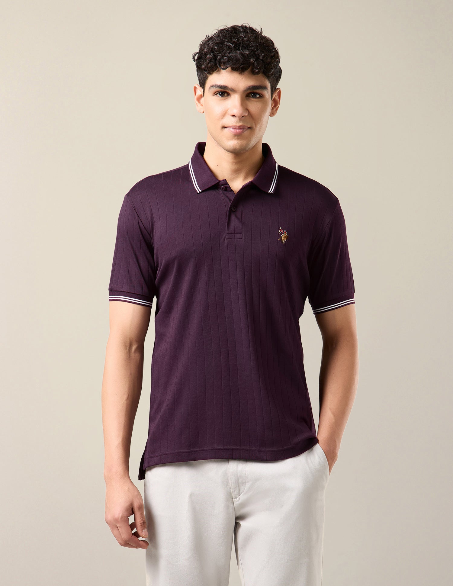 Patterned Knit Slim Fit Polo Shirt Purple - U.S. Polo Assn. India | Large