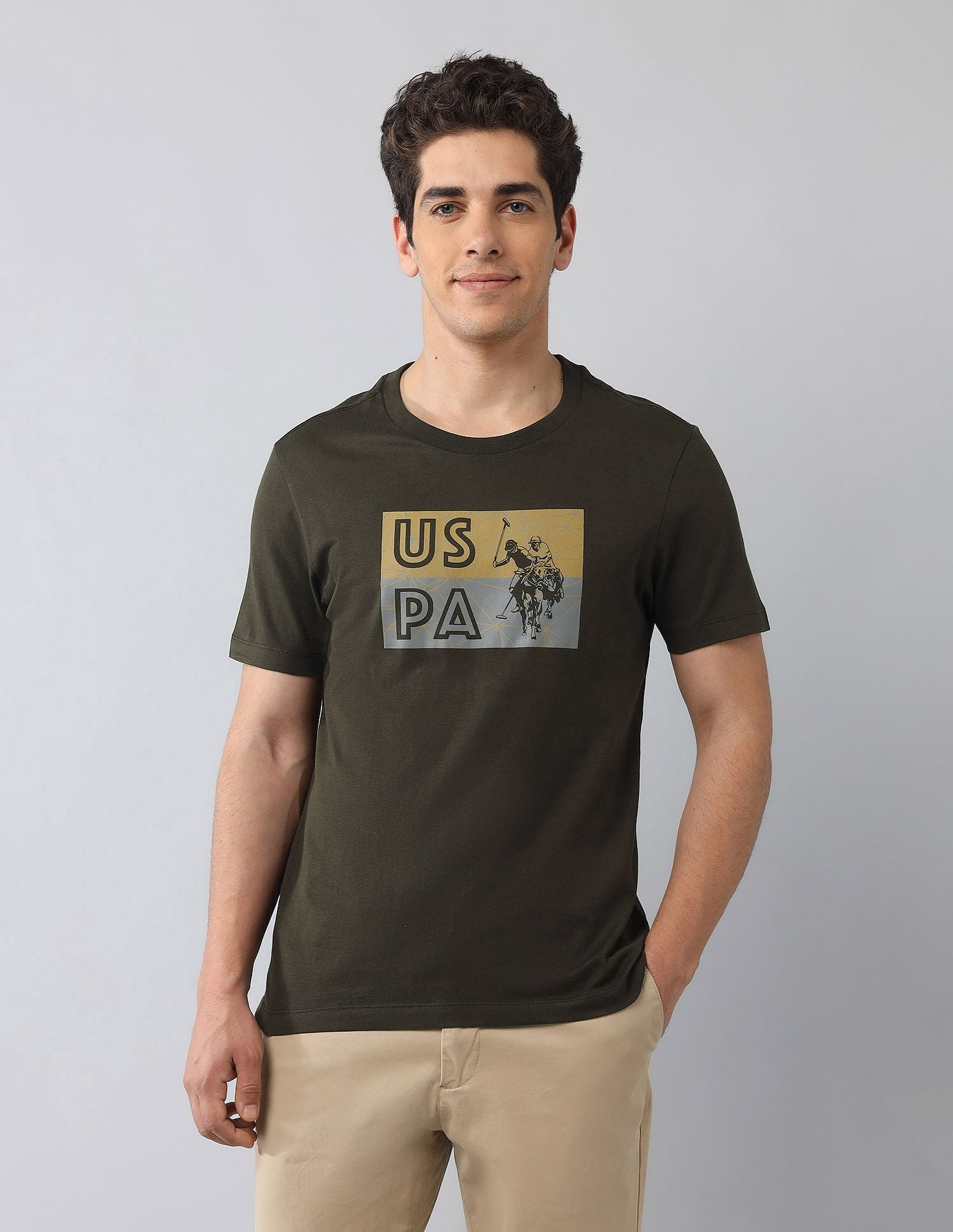 Muscle Fit Brand Printed T-Shirt Olive - U.S. Polo Assn. India | Large