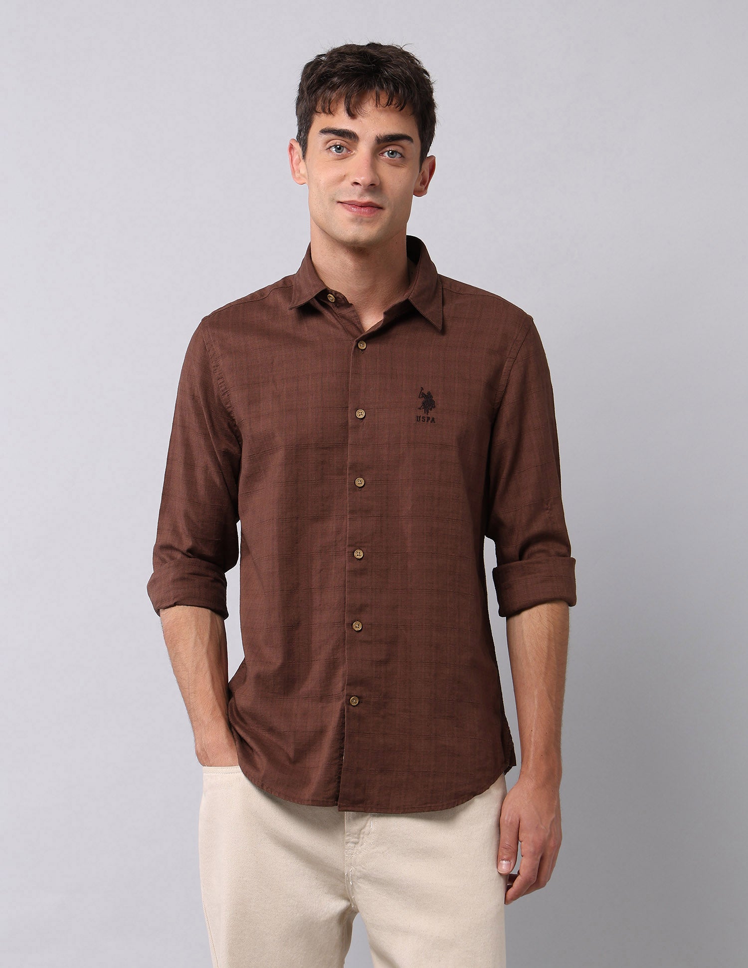 Pure Cotton Textured Shirt Burgundy - U.S. Polo Assn. India | Large
