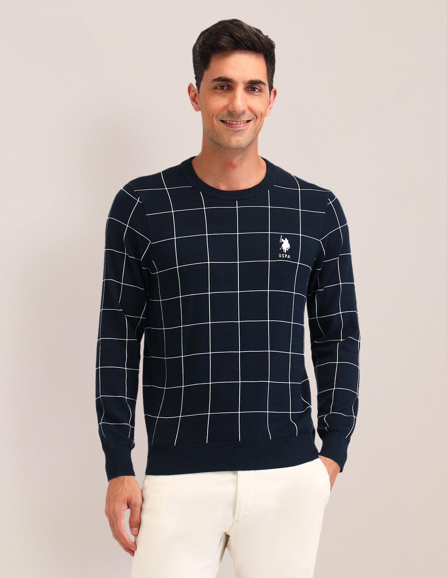 Checked Regular Fit Sweater Navy - U.S. Polo Assn. India | Large