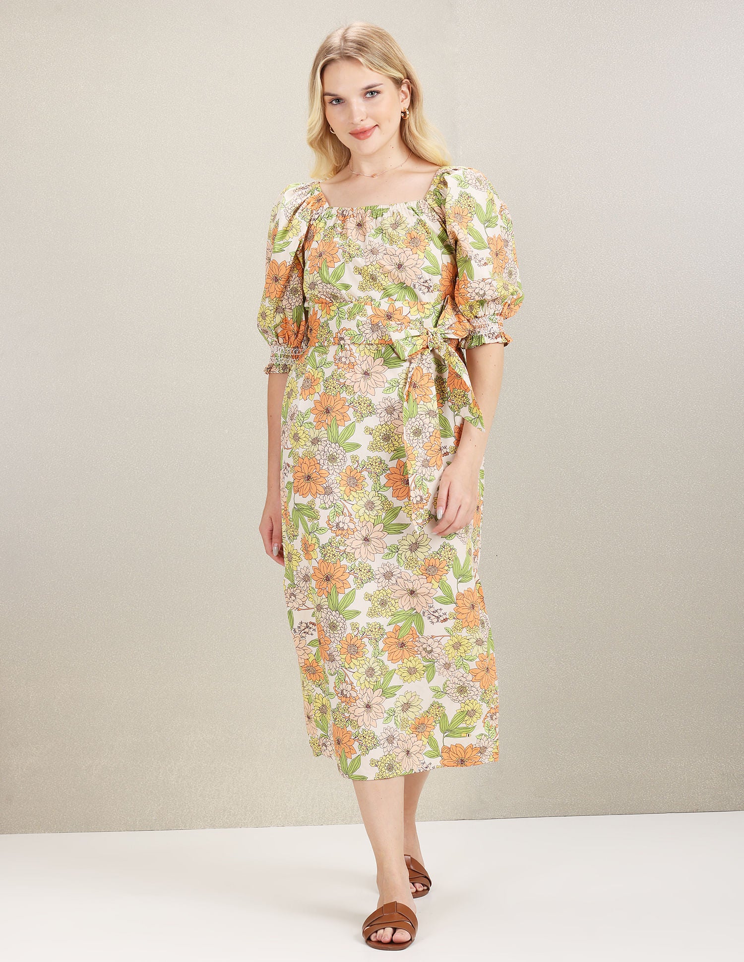 Square Neck Tie Up Midi Dress Peach - U.S. Polo Assn. India | Large