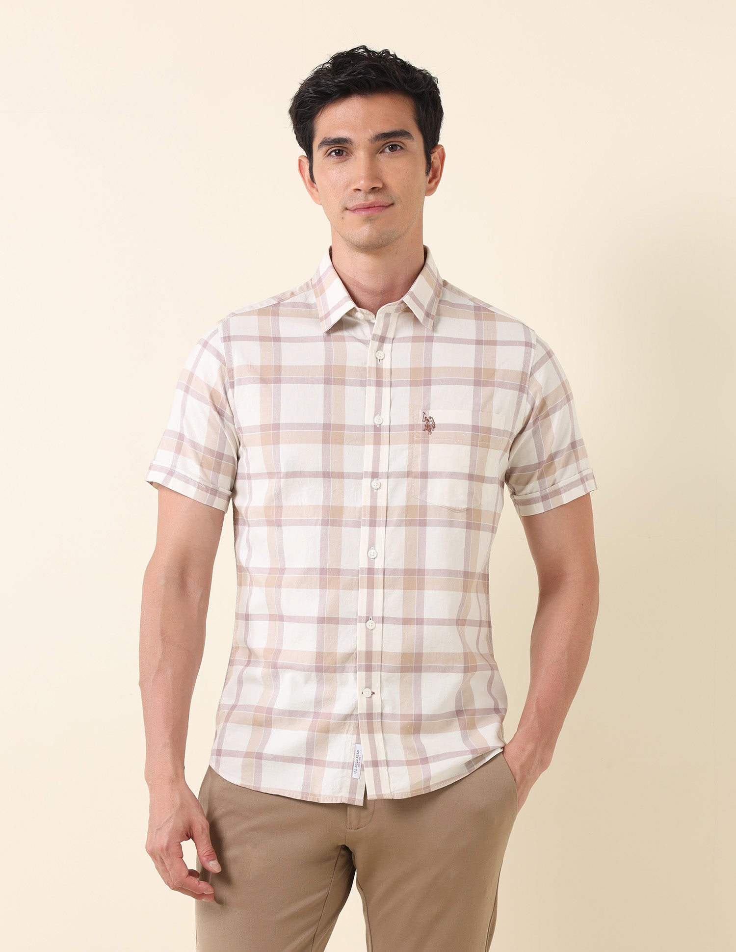 Grid Tattersall Checked Tailored Fit Shirt Ecru - U.S. Polo Assn. India | Large