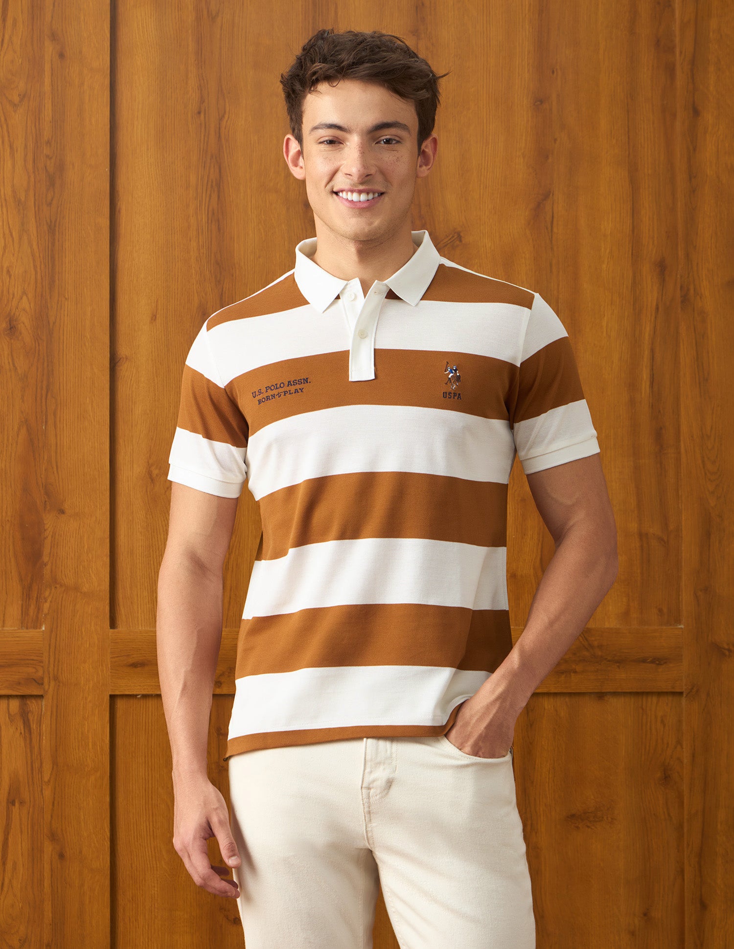 Horizontal Striped Slim Fit Polo Shirt Off White - U.S. Polo Assn. India | Large