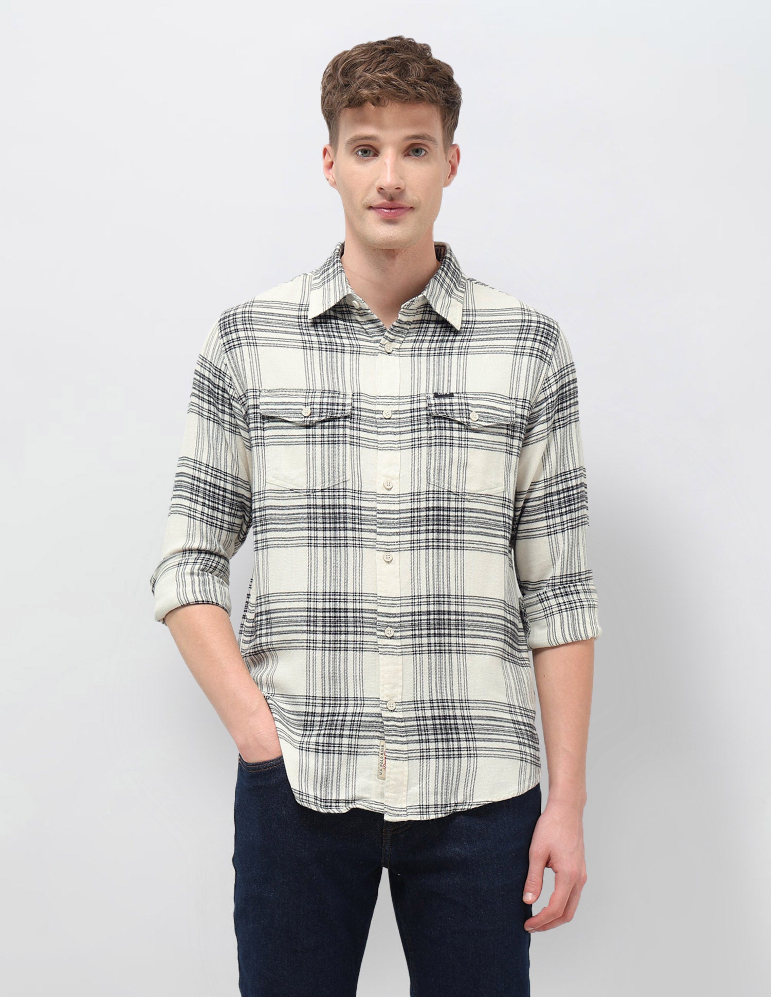 Tartan Checked Slim Fit Shirt Off White - U.S. POLO ASSN. | Large