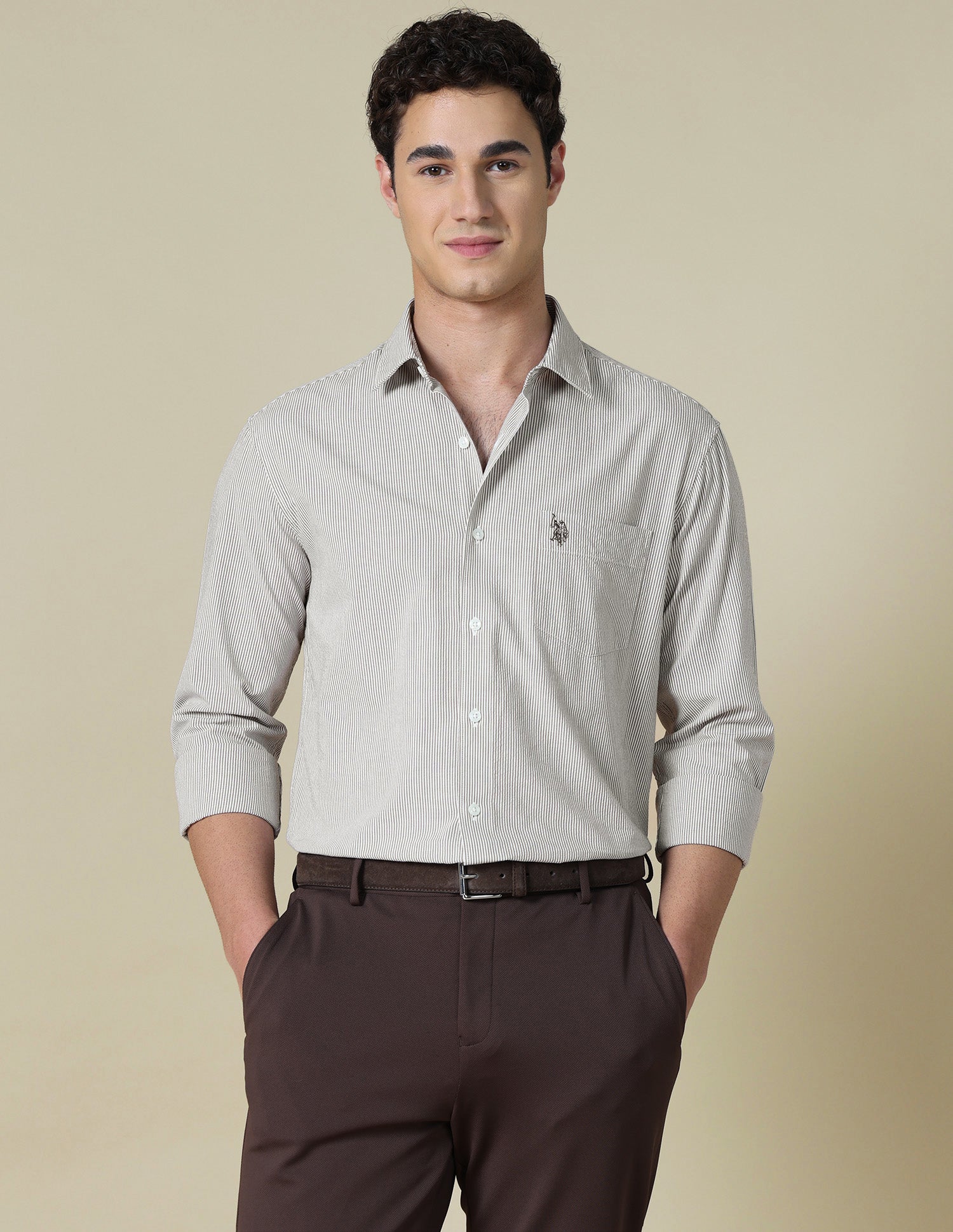 Vertical Striped Seersucker Shirt Beige - U.S. Polo Assn. India | Large