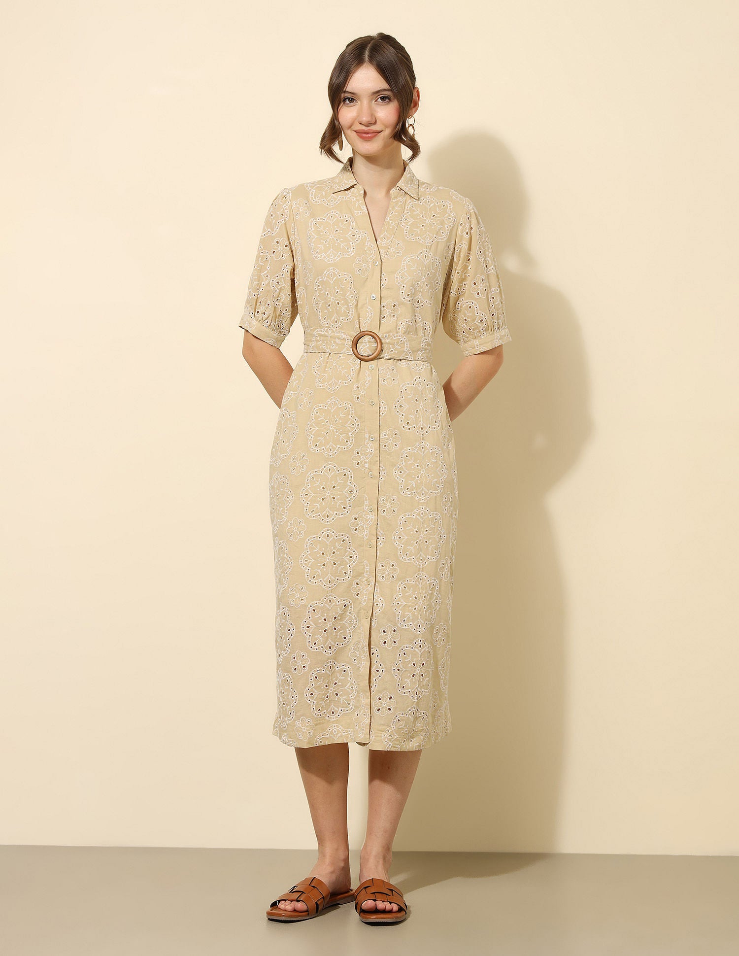 Schiffli Midi Shirt Dress Beige - U.S. Polo Assn. India | Large