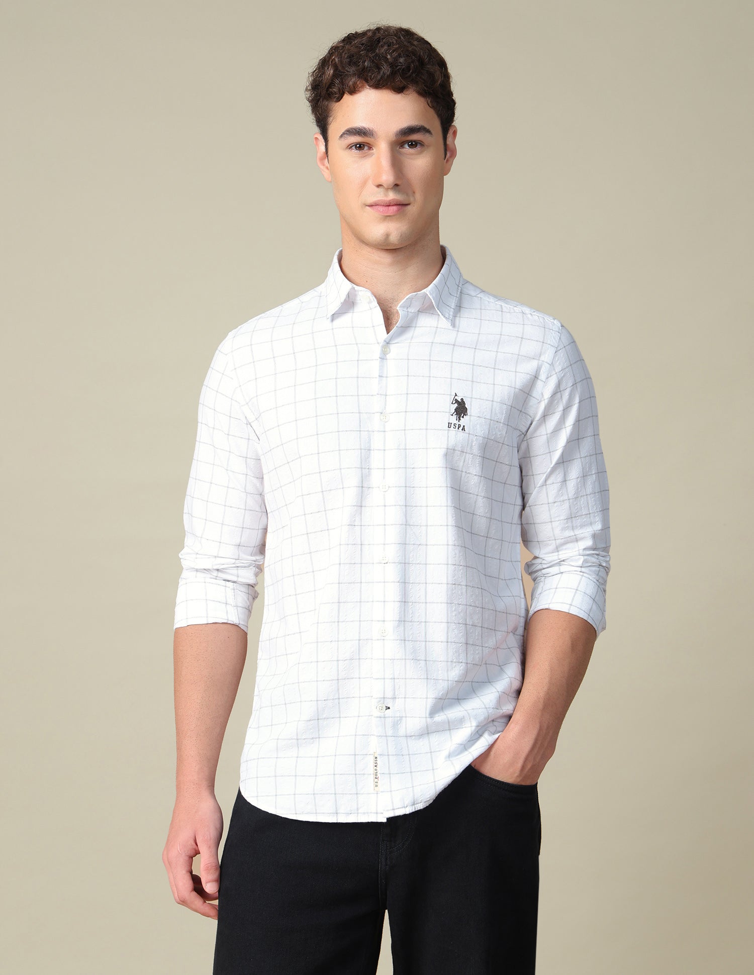 Windowpane Checked Seersucker Shirt White - U.S. Polo Assn. India | Large