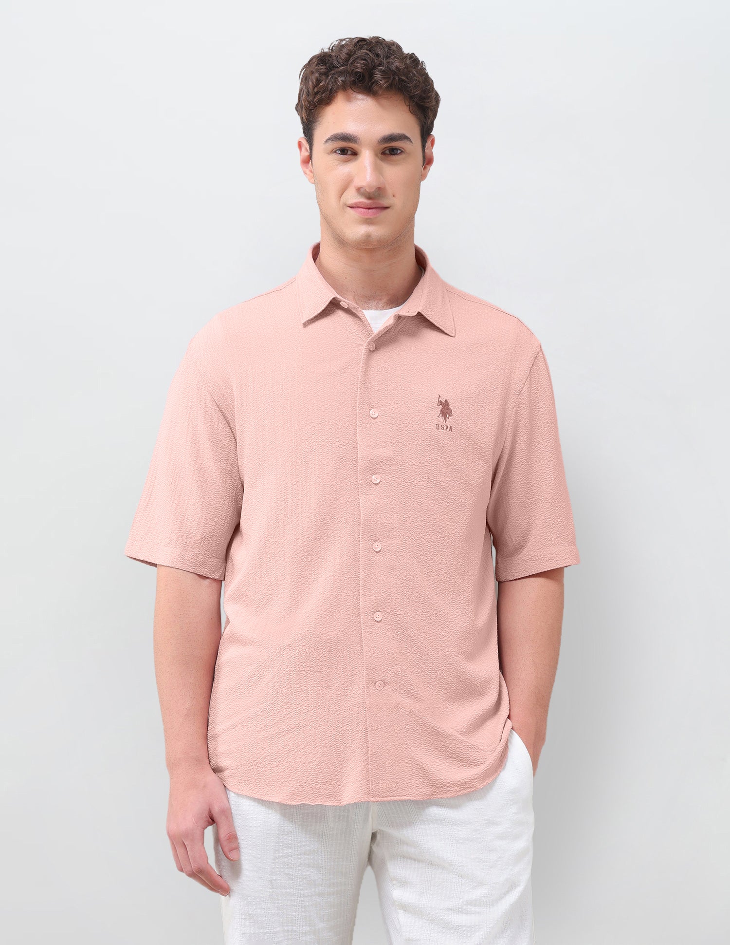 Crinkle Weave Regular Fit Shirt Pink - U.S. Polo Assn. India | Large