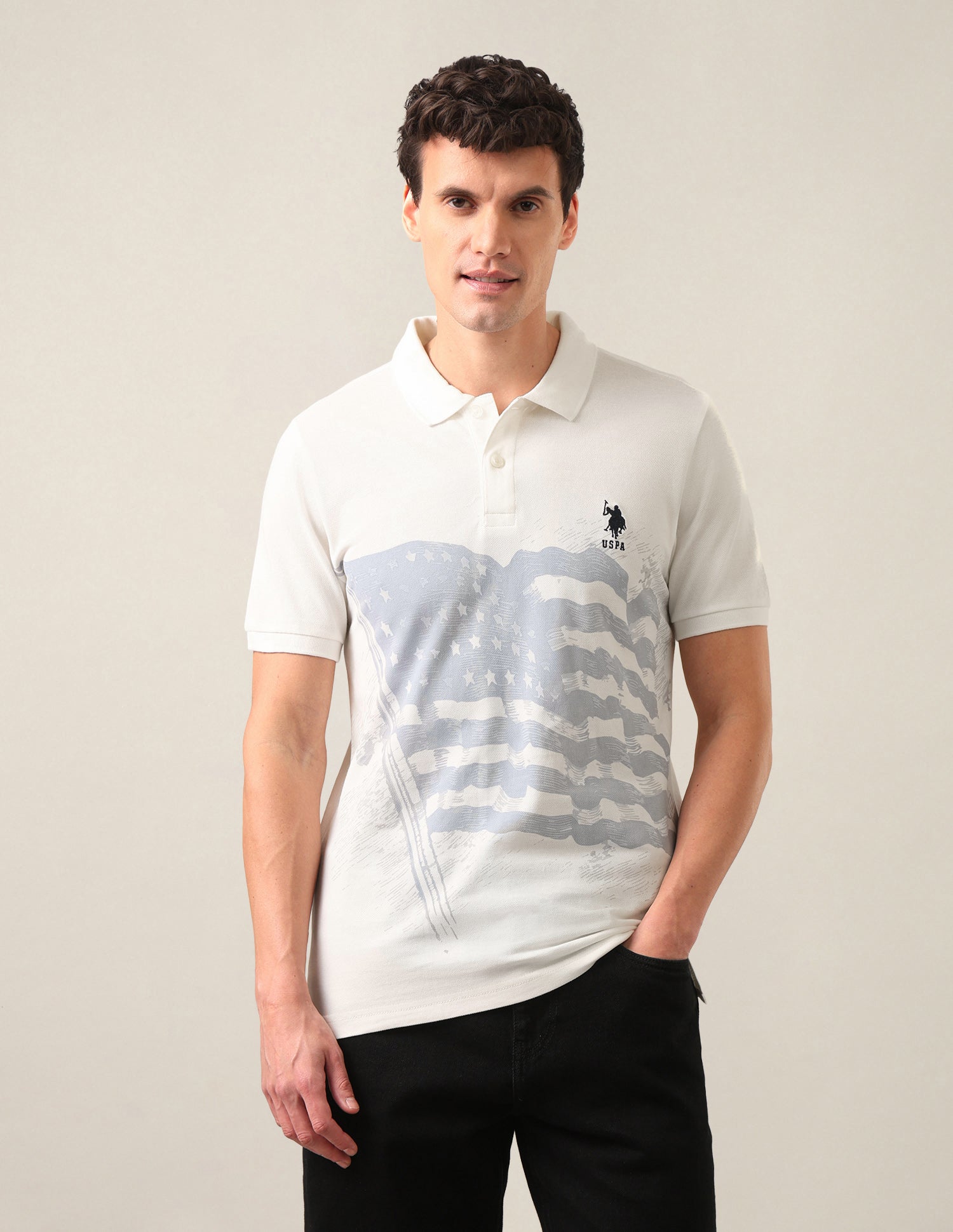 Graphic Printed Slim Fit Polo Shirt Ivory - U.S. Polo Assn. India | Large