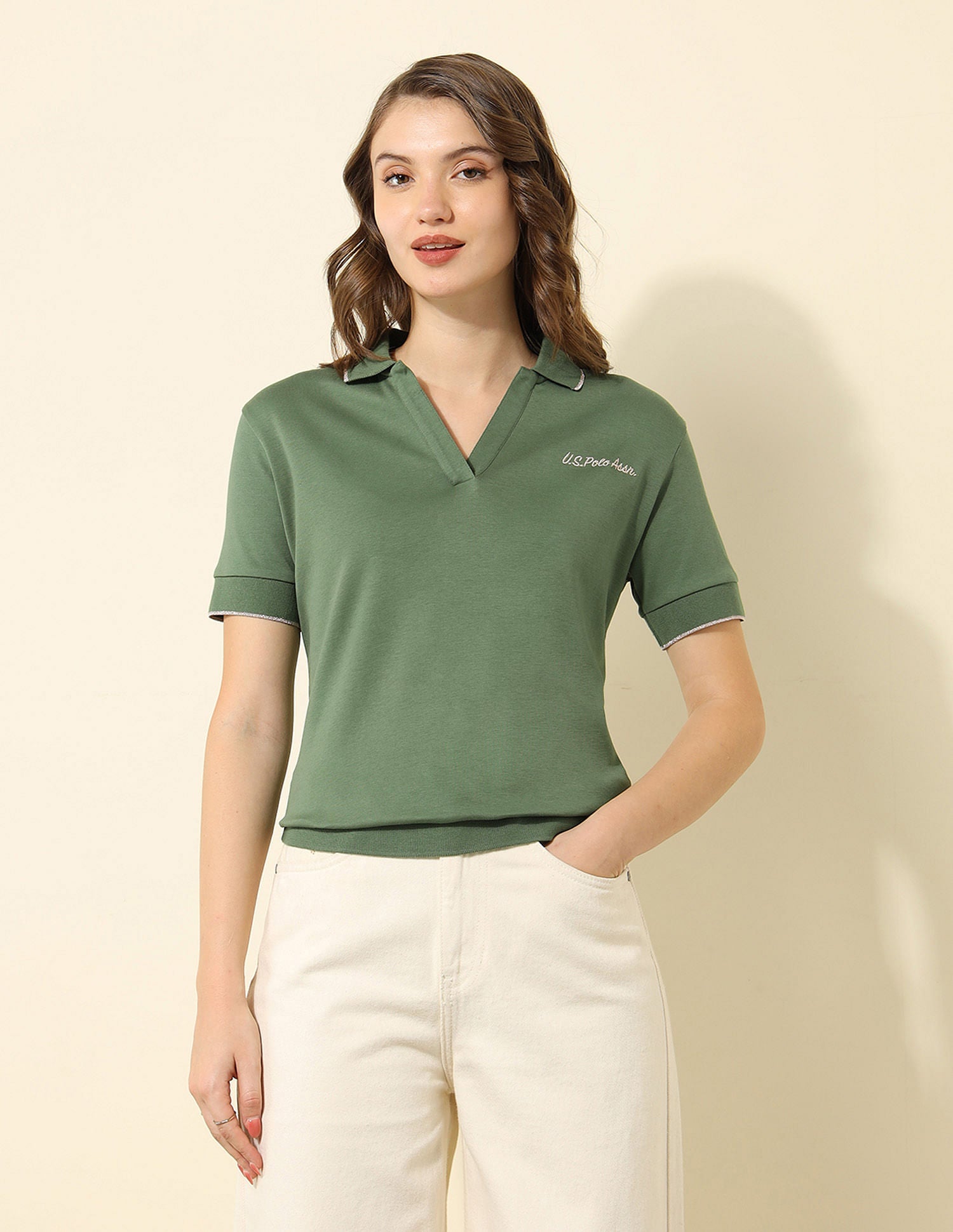 Tipped Collar Boxy Fit Polo Shirt Light Olive - U.S. POLO ASSN. | Large