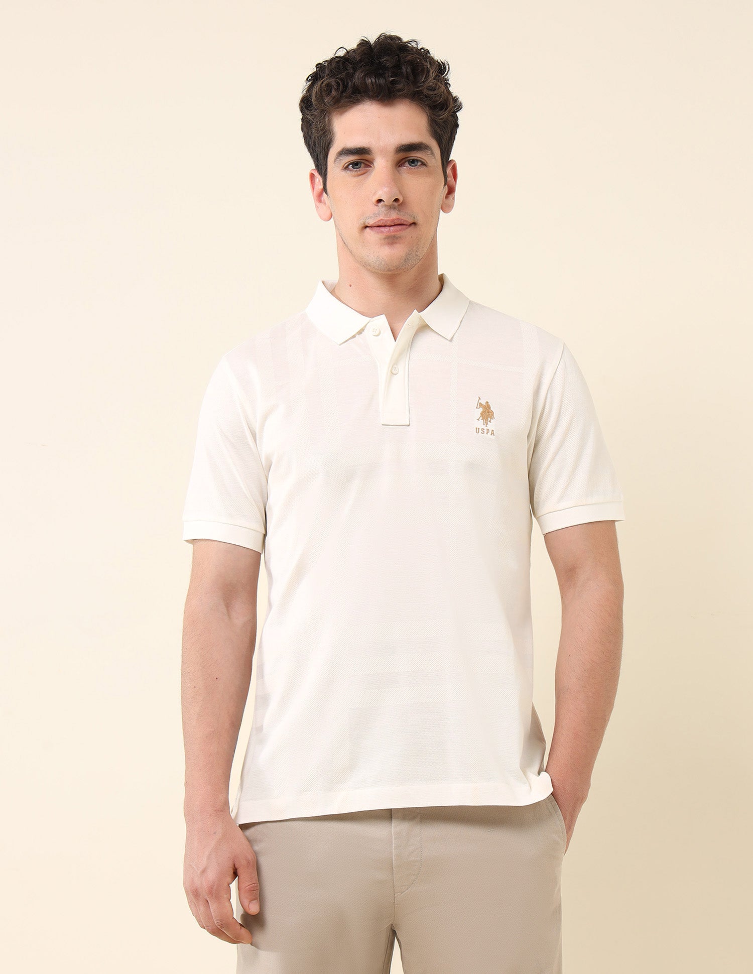 Textured Varsity Polo Shirt Off White - U.S. Polo Assn. India | Large