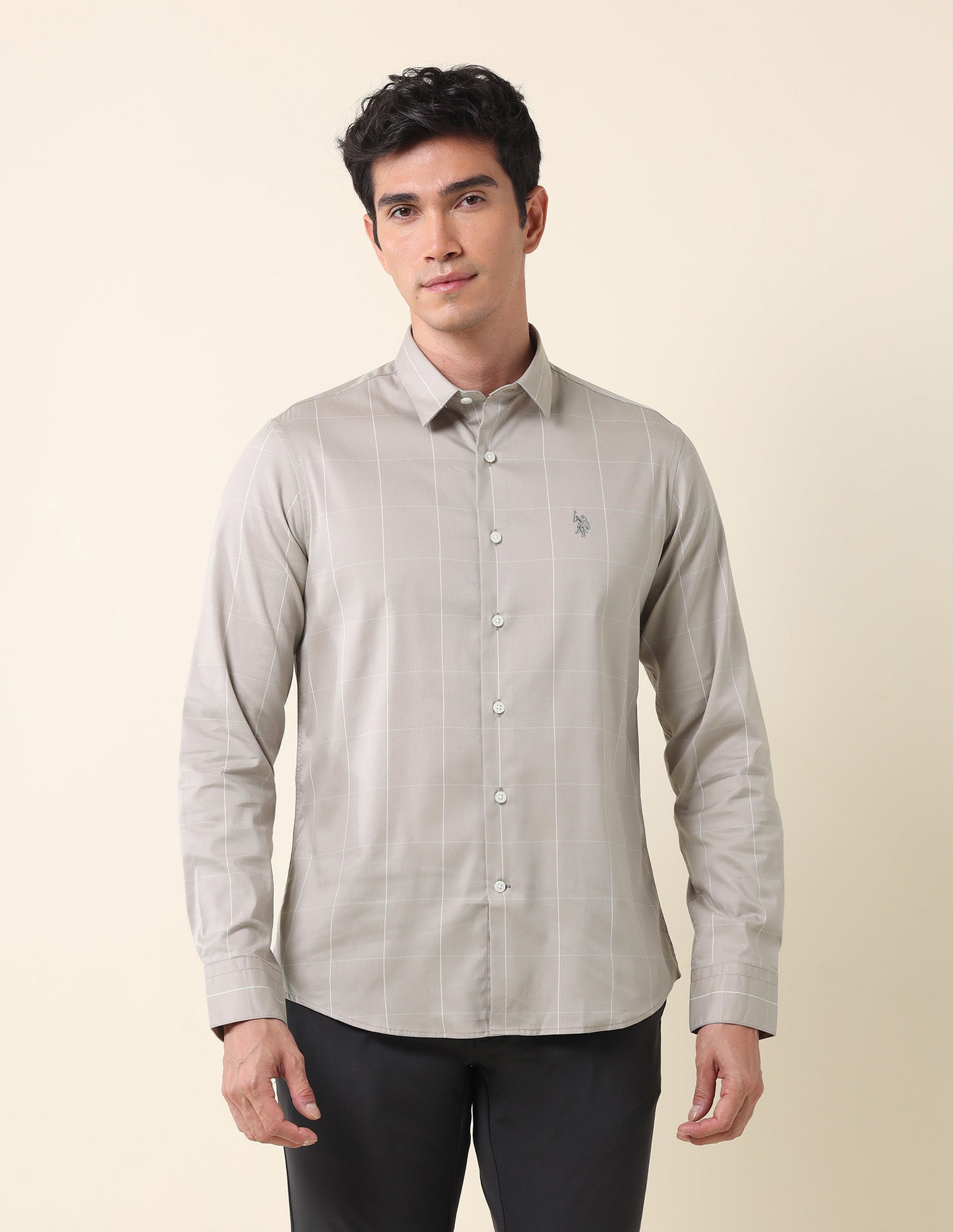 Windowpane Checked Twill Shirt Light Grey - U.S. Polo Assn. India | Large