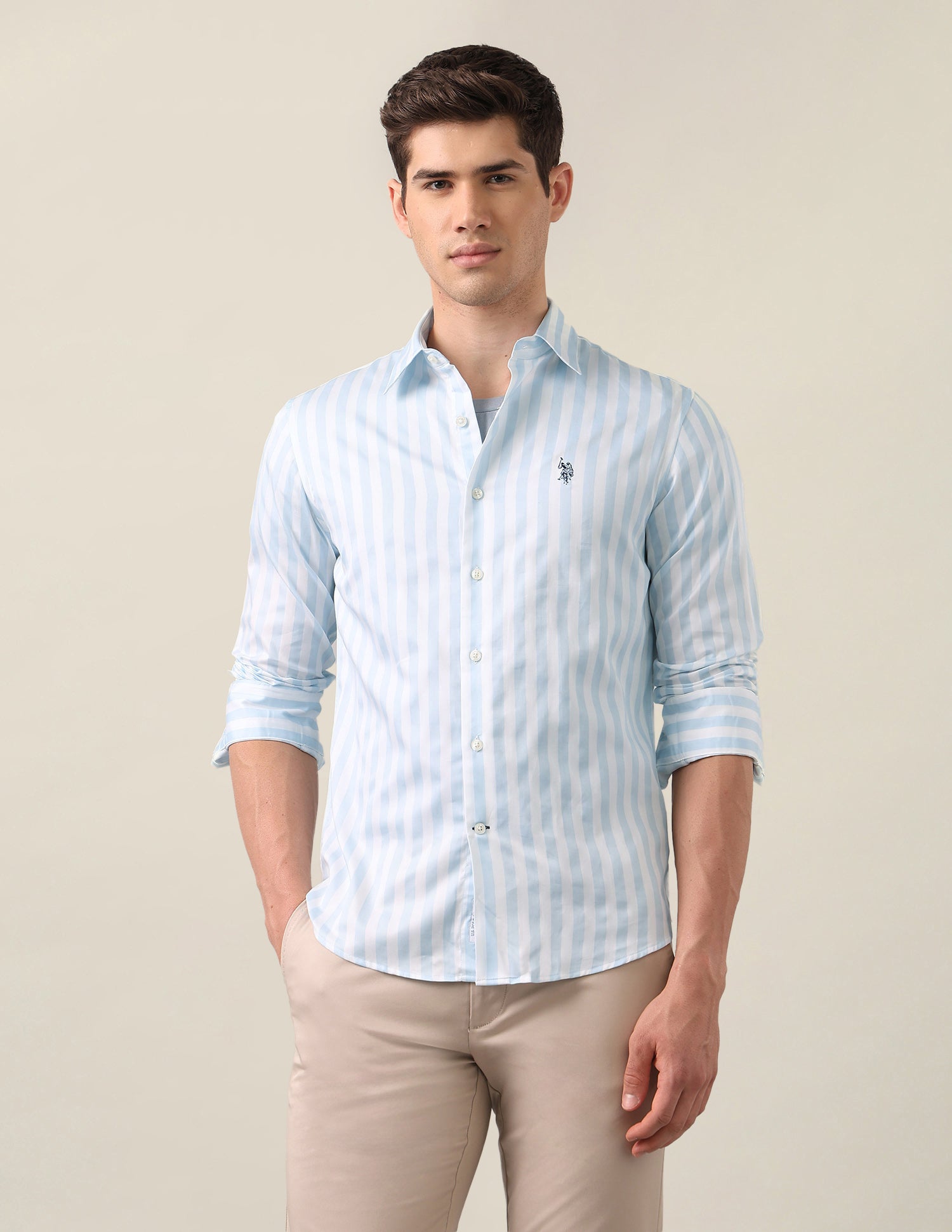 Vertical Striped Satin Shirt Light Blue - U.S. Polo Assn. India | Large