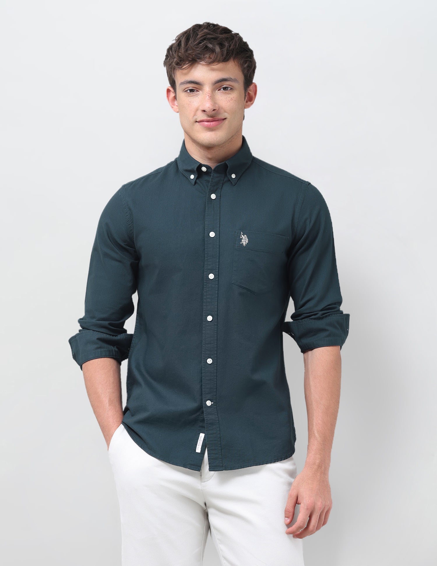 Tailored Fit Oxford Button Down Shirt Teal - U.S. Polo Assn. India | Large