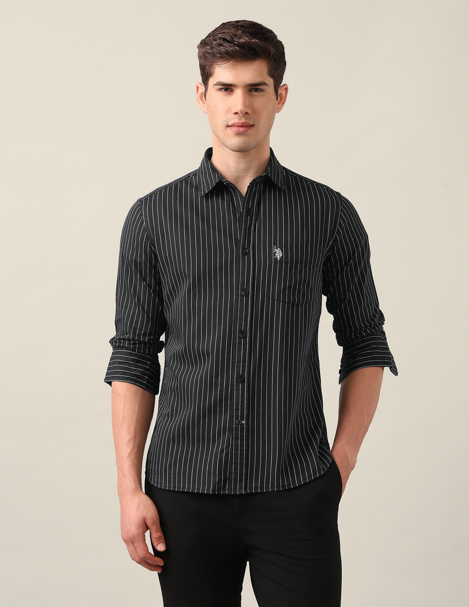 Pinstriped Twill Shirt Black - U.S. Polo Assn. India | Large